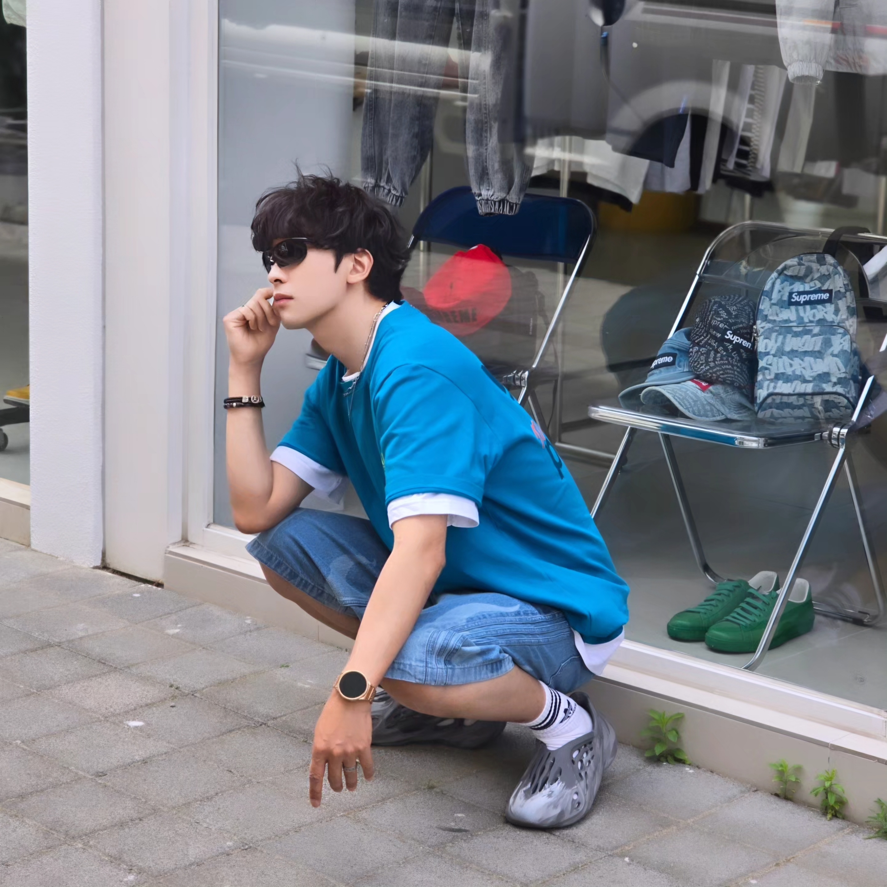Palace x Adidas Nature T-Shirt Mystery Petrol - 22SS, Adidas Flames Denim Shorts Blue - KR Sizing 착용 스타일 - 5