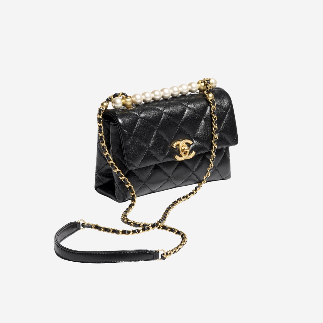 Chanel Mini Flap Bag with Top Handle Shiny Lambskin Imitation Pearls & Gold Black 상세 이미지 2