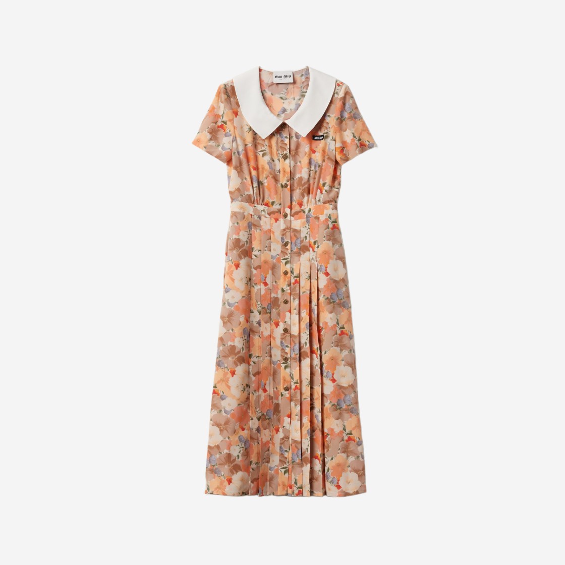 (W) Miu Miu Floral Print Pleated Marocain Dress Peach 상세 이미지 1