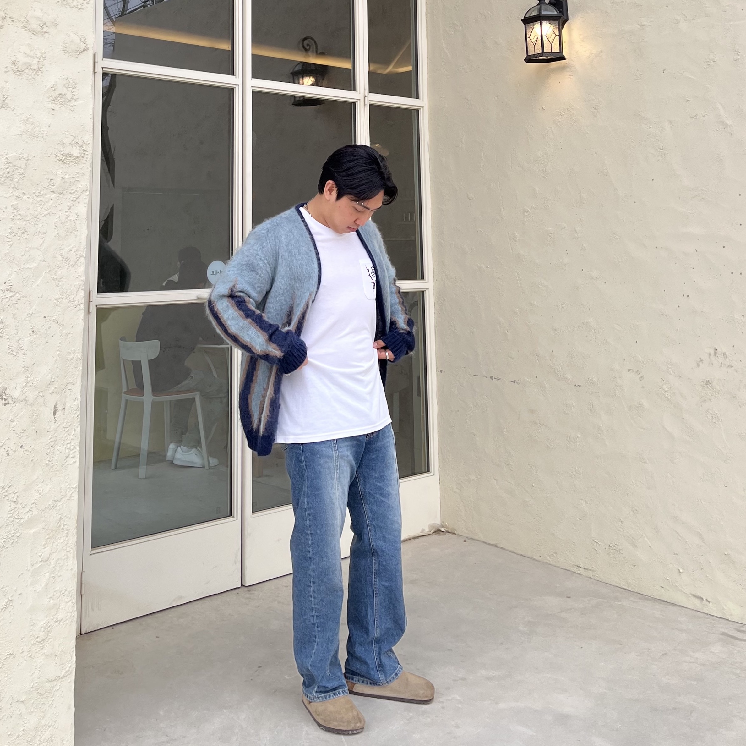 Birkenstock Boston Soft Footbed Taupe - Regular, Needles Mohair Cardigan Flame Navy 착용 스타일