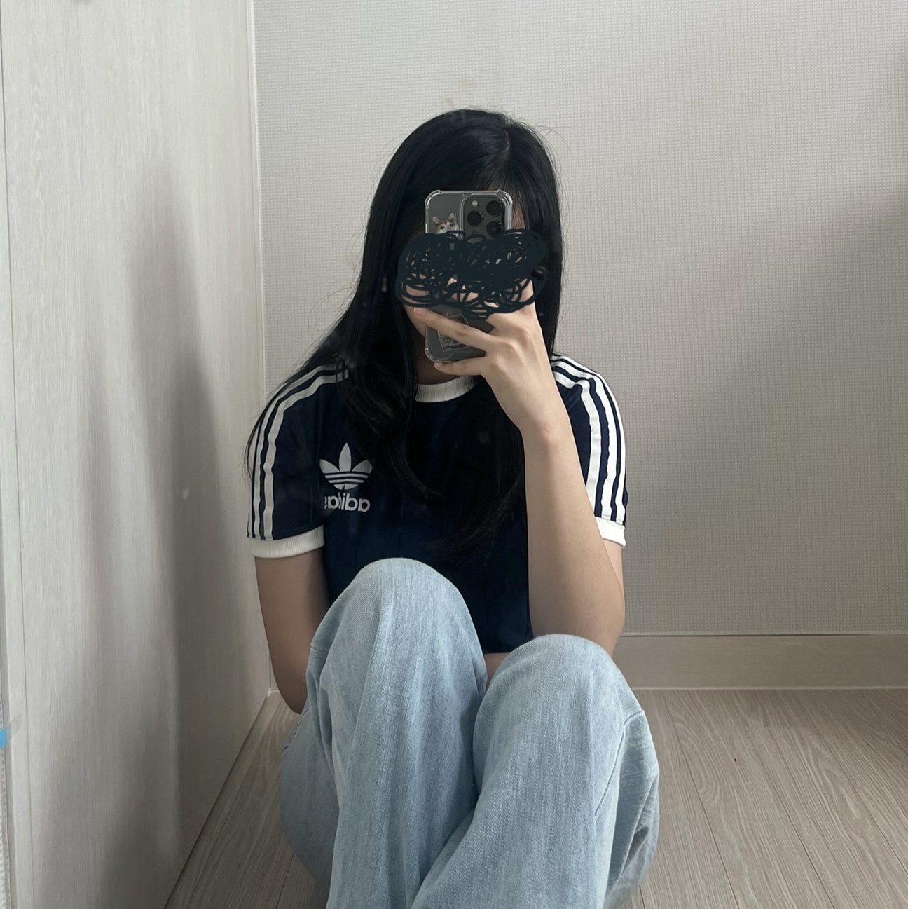 (W) Adidas 3S T-shirt Dark Blue - KR Sizing 착용 스타일