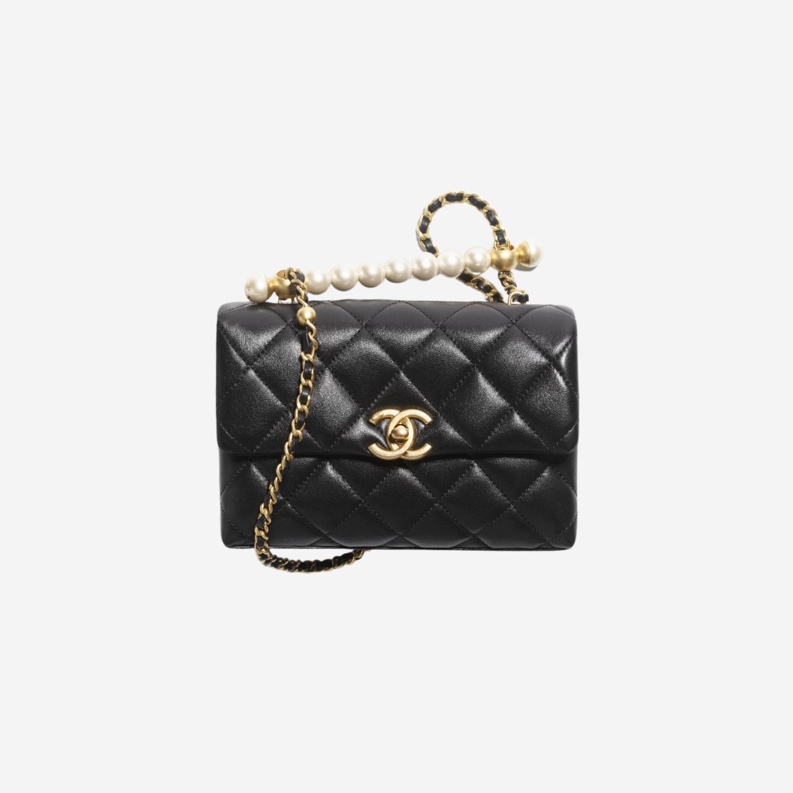 Chanel Mini Flap Bag with Top Handle Shiny Lambskin Imitation Pearls & Gold Black 상세 이미지 1