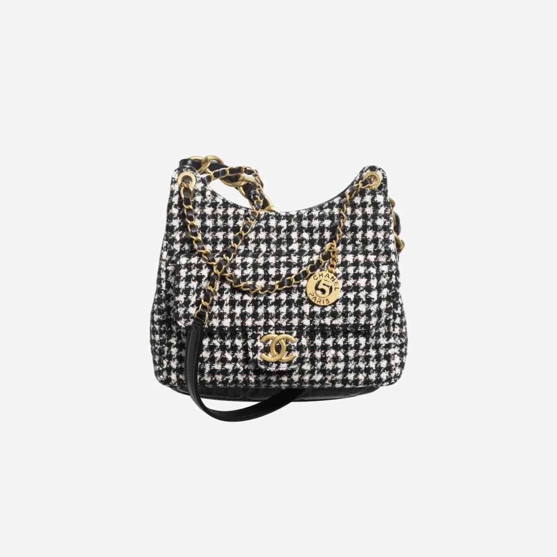 Chanel Hobo Handbag Cotton Tweed & Gold Black White 상세 이미지 1