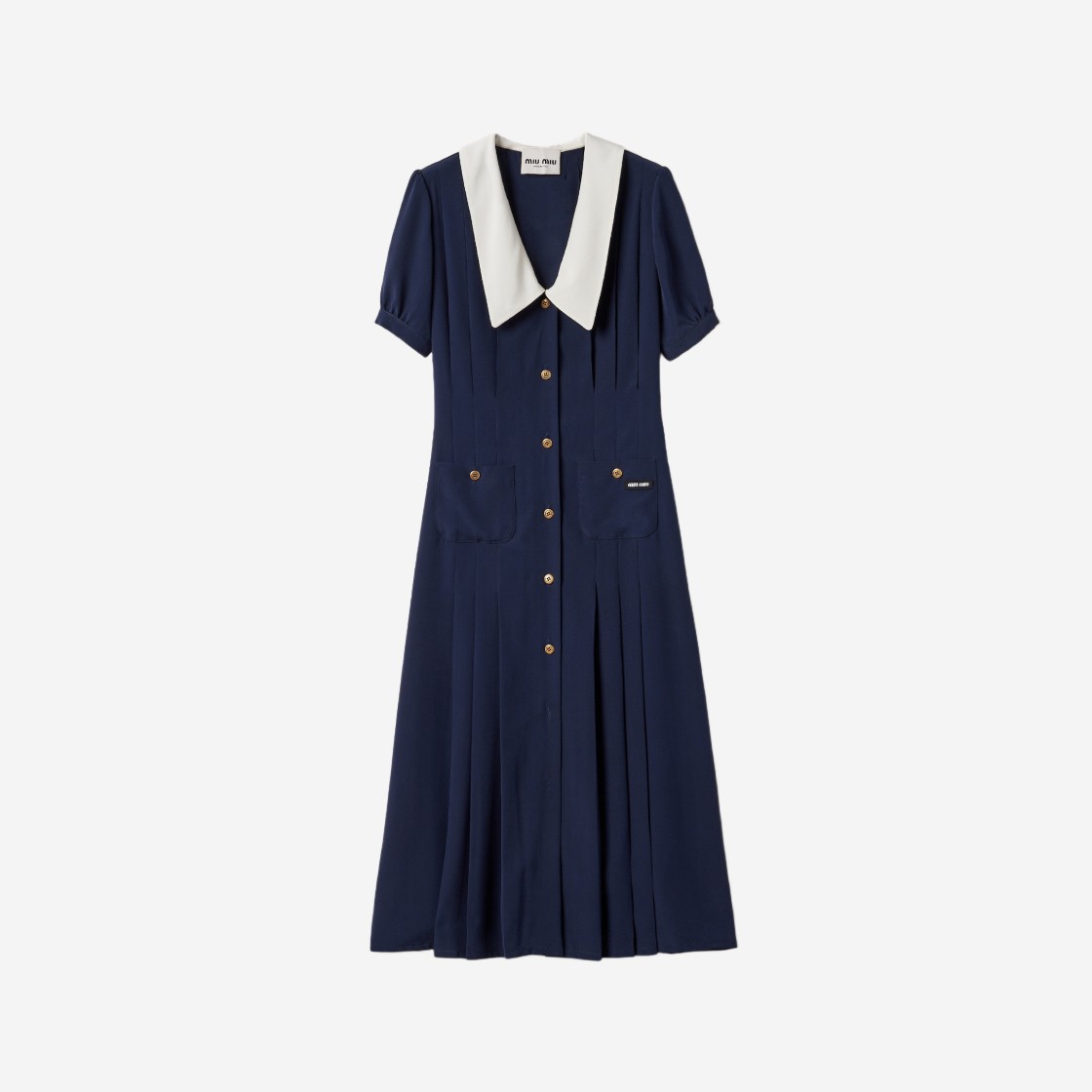 (W) Miu Miu Pleated Marocain Midi Dress Navy 상세 이미지 1