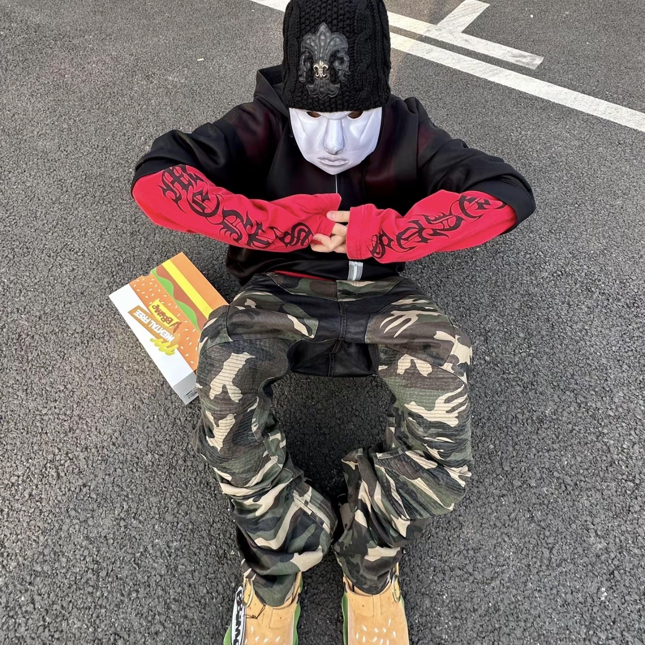 Project G/R Coated Biker Armoured Flare Pants Camo 착용 스타일