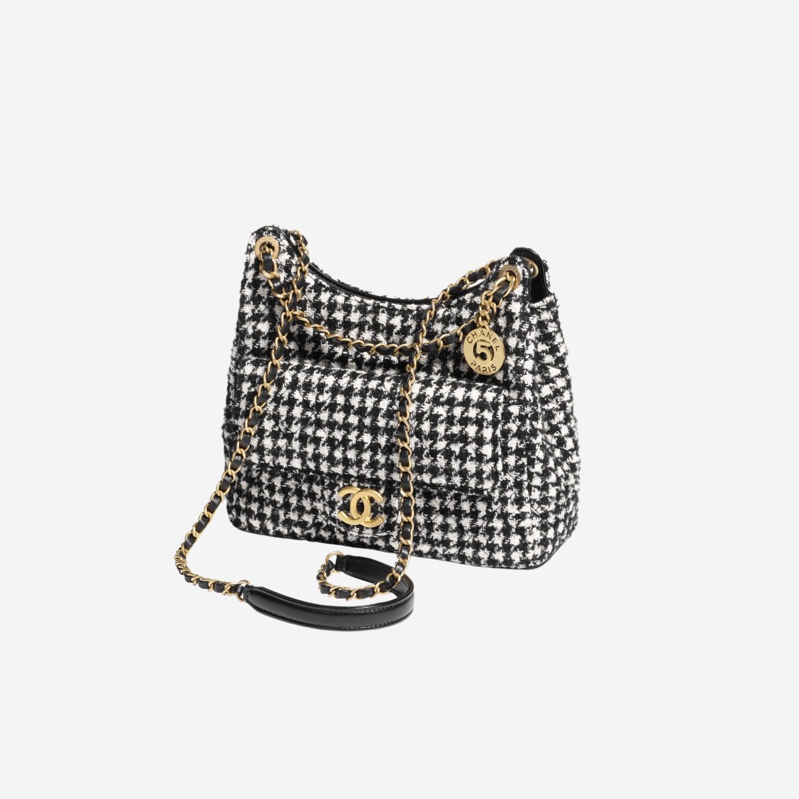 Chanel Hobo Handbag Cotton Tweed & Gold Black White 상세 이미지 2