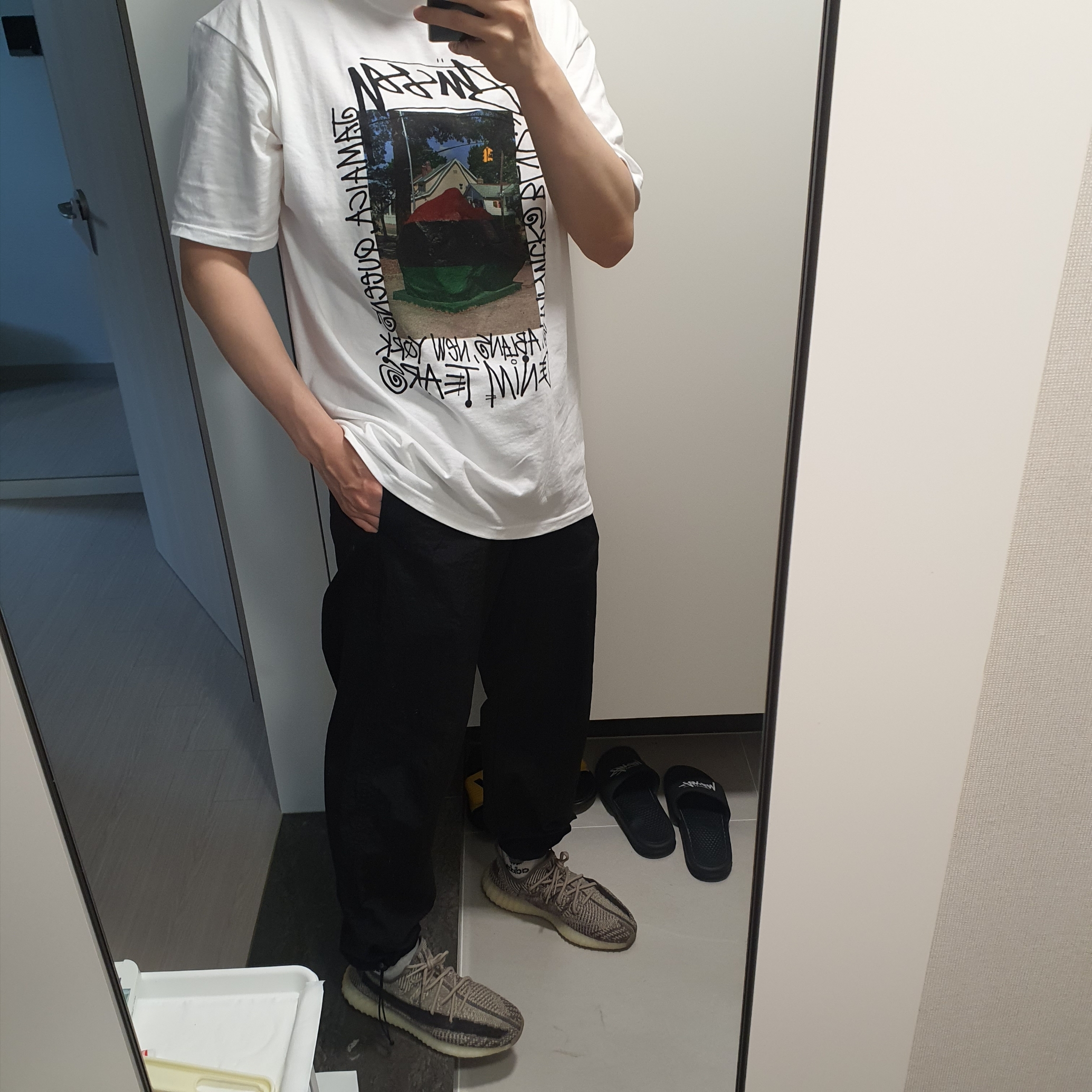 Stussy x Denim Tears Farmers Blvd. T-Shirt White, Adidas Yeezy Boost 350 V2 Zyon 착용 스타일