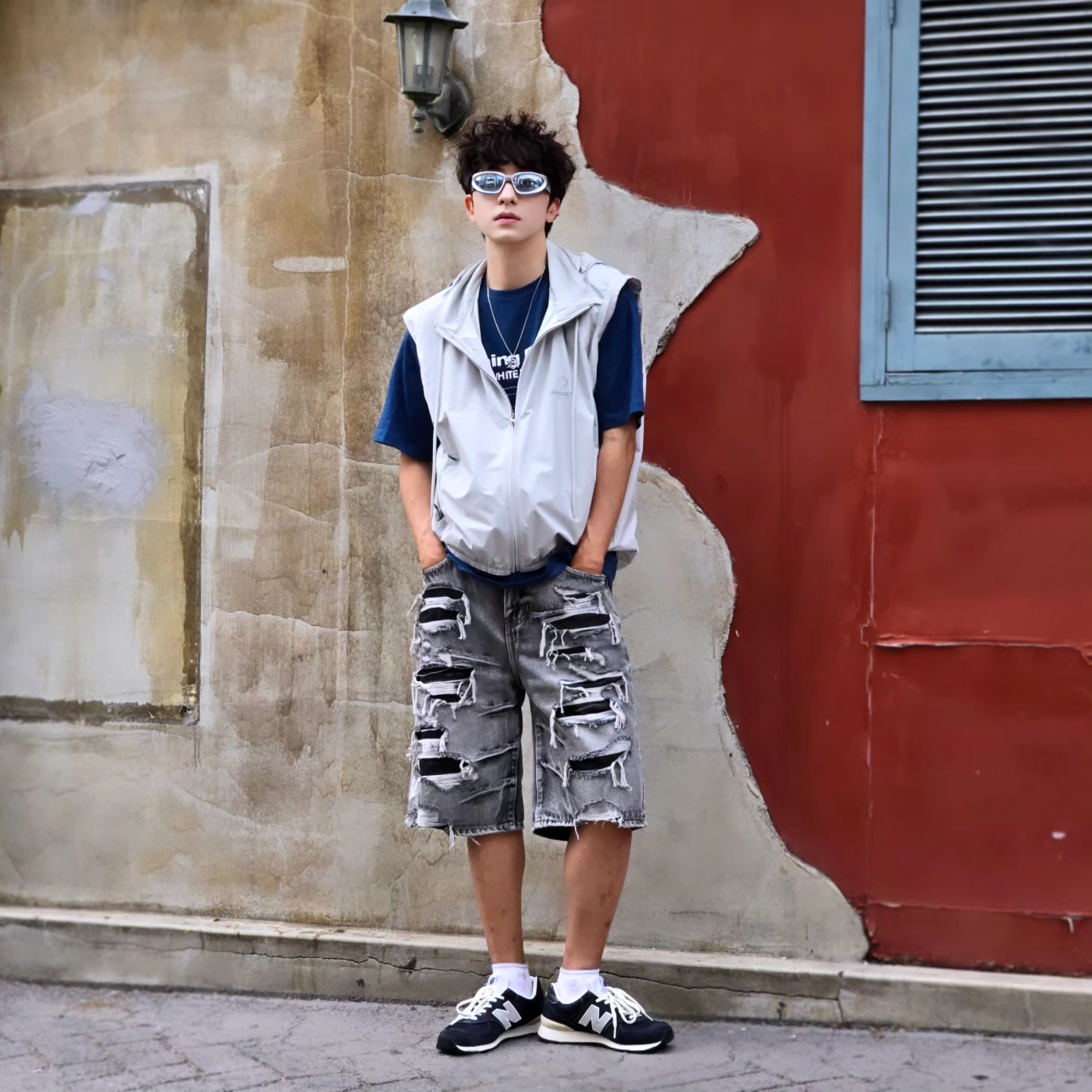 Opening Project Identity T-Shirt Blue, New Balance x Pottery 574 Premium Hard Navy 착용 스타일 - 4