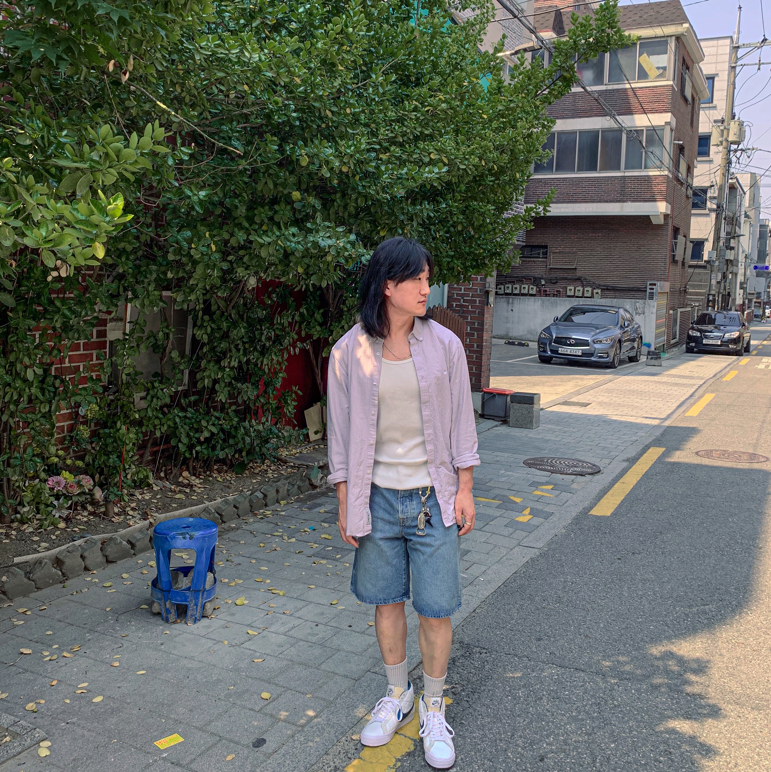 Stussy Denim Big OL' Shorts Washed Blue 착용 스타일 - 1