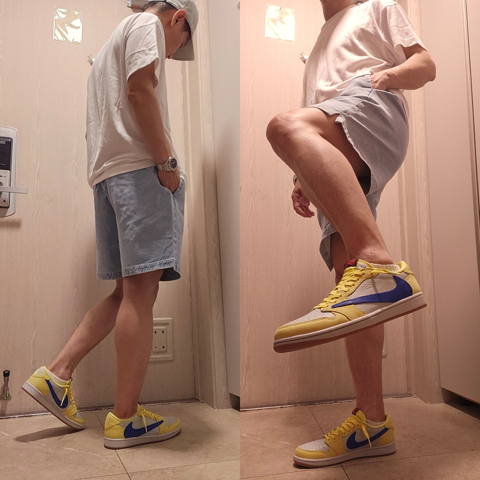 (W) Jordan 1 x Travis Scott Retro Low OG SP Canary, Essentials T-Shirt White - 24SS 착용 스타일