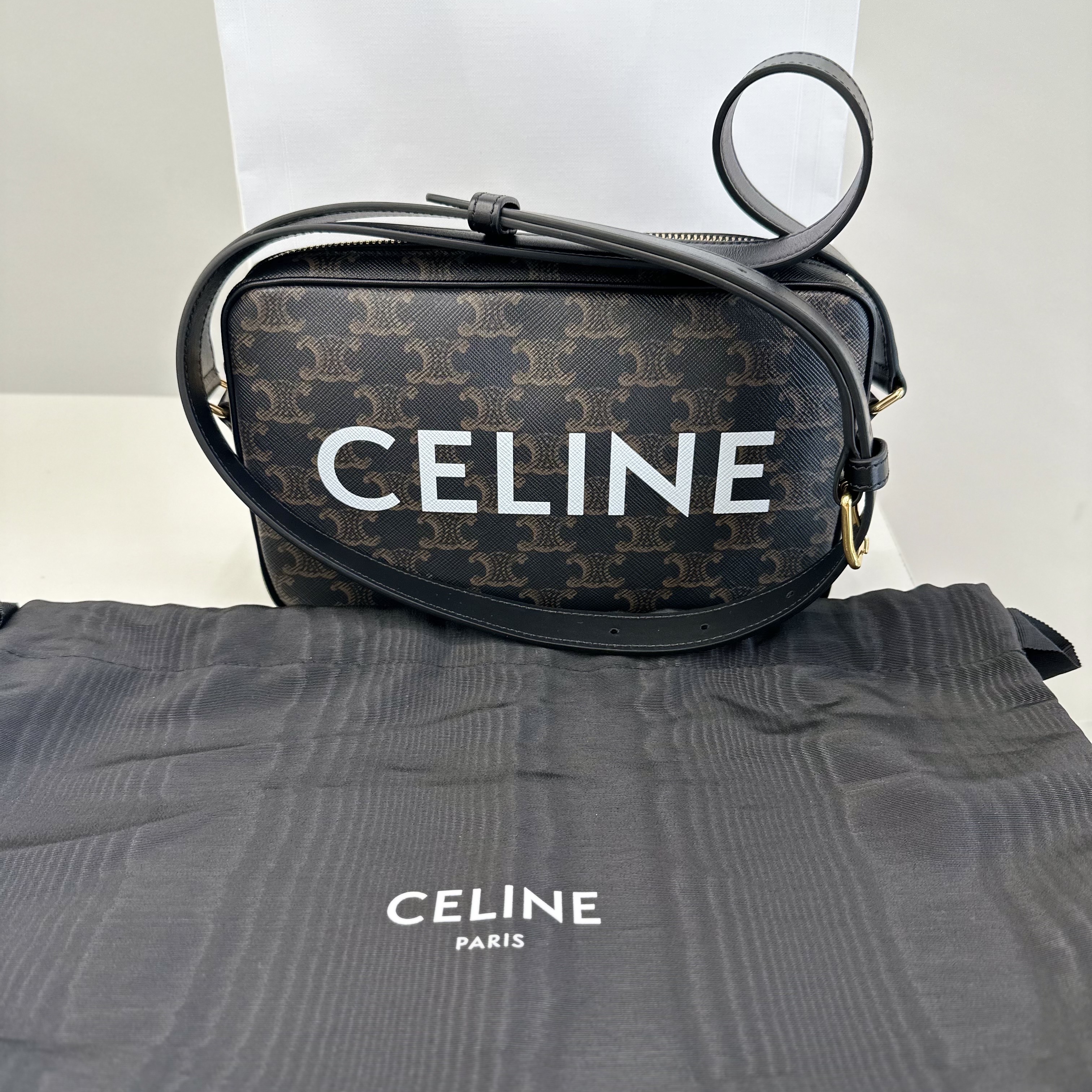 Celine Medium Messenger Bag in Triomphe Canvas with Celine Print Black 착용 스타일 - 1