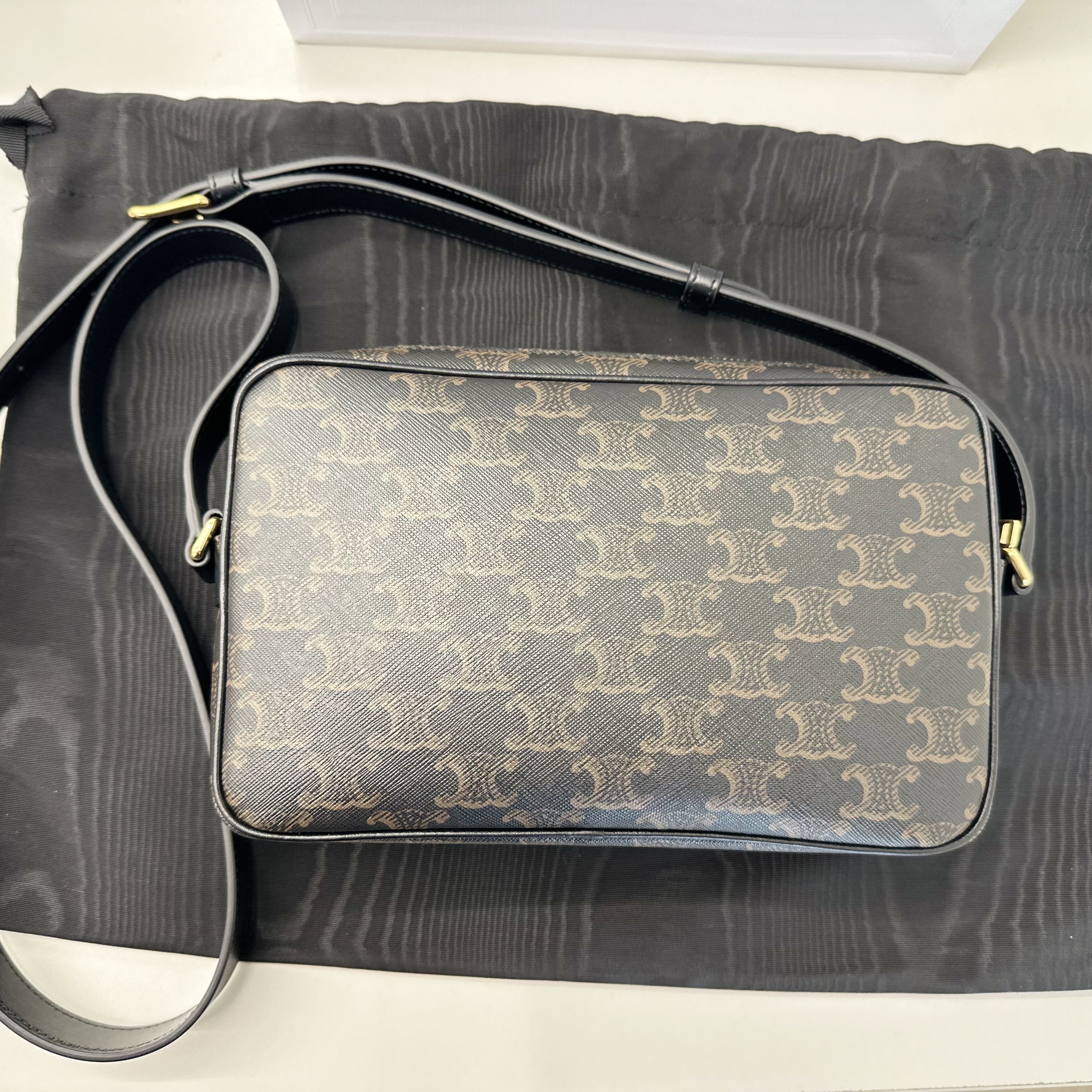 Celine Medium Messenger Bag in Triomphe Canvas with Celine Print Black 착용 스타일 - 3