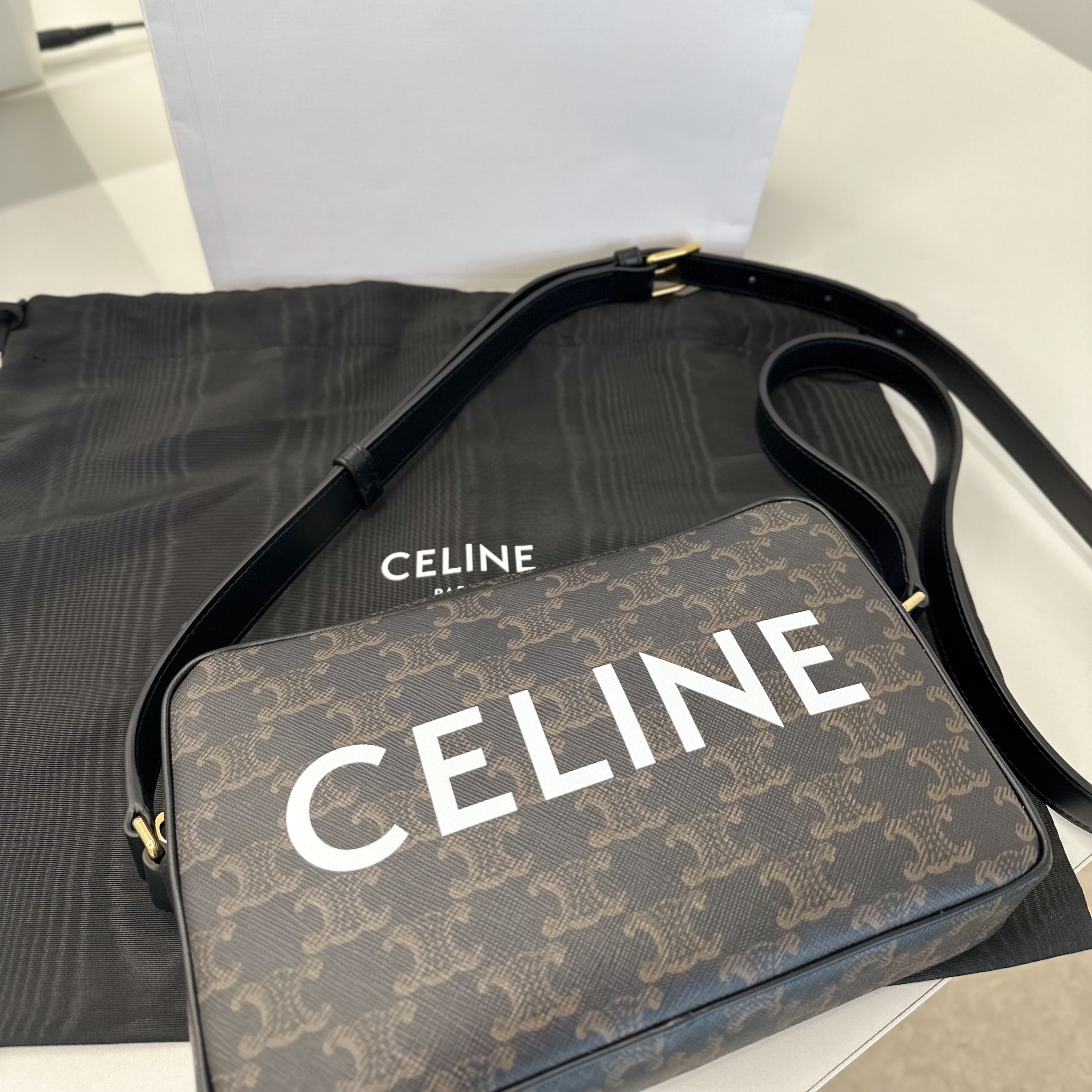 Celine Medium Messenger Bag in Triomphe Canvas with Celine Print Black 착용 스타일 - 2