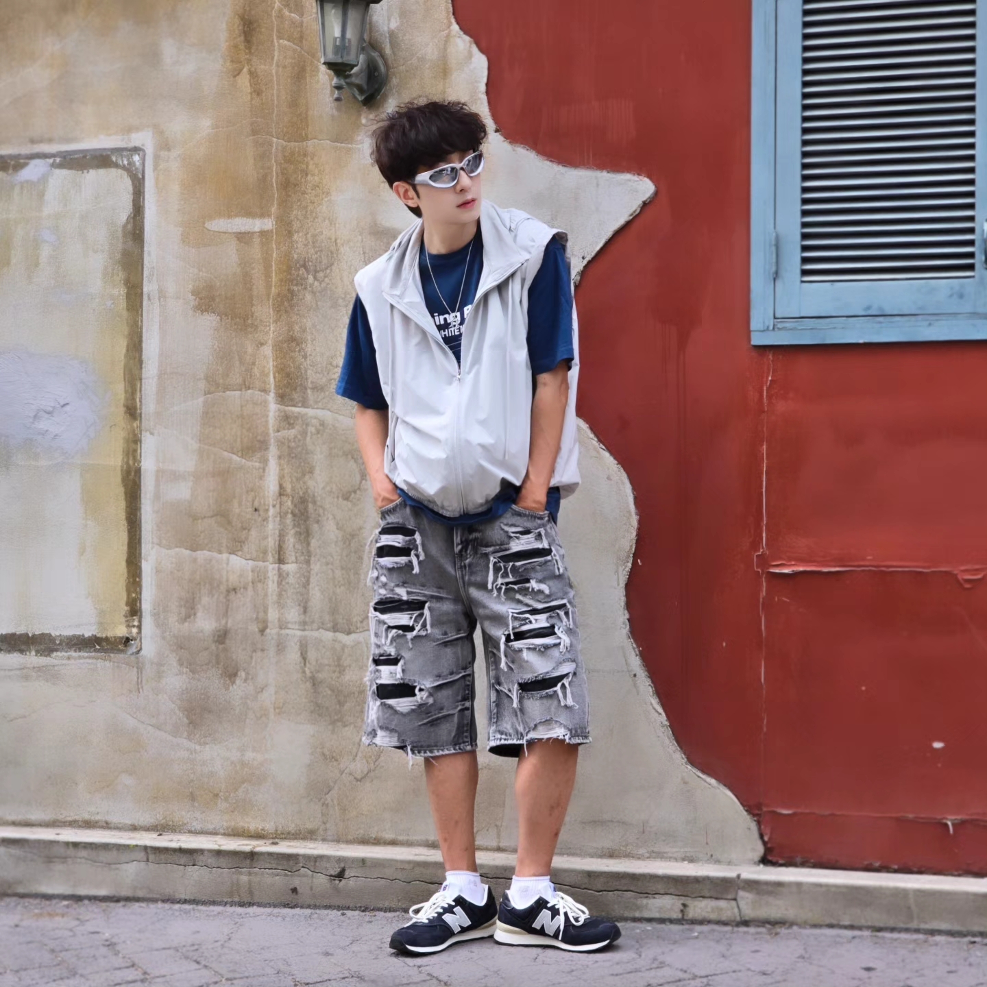 Opening Project Identity T-Shirt Blue, New Balance x Pottery 574 Premium Hard Navy 착용 스타일 - 5