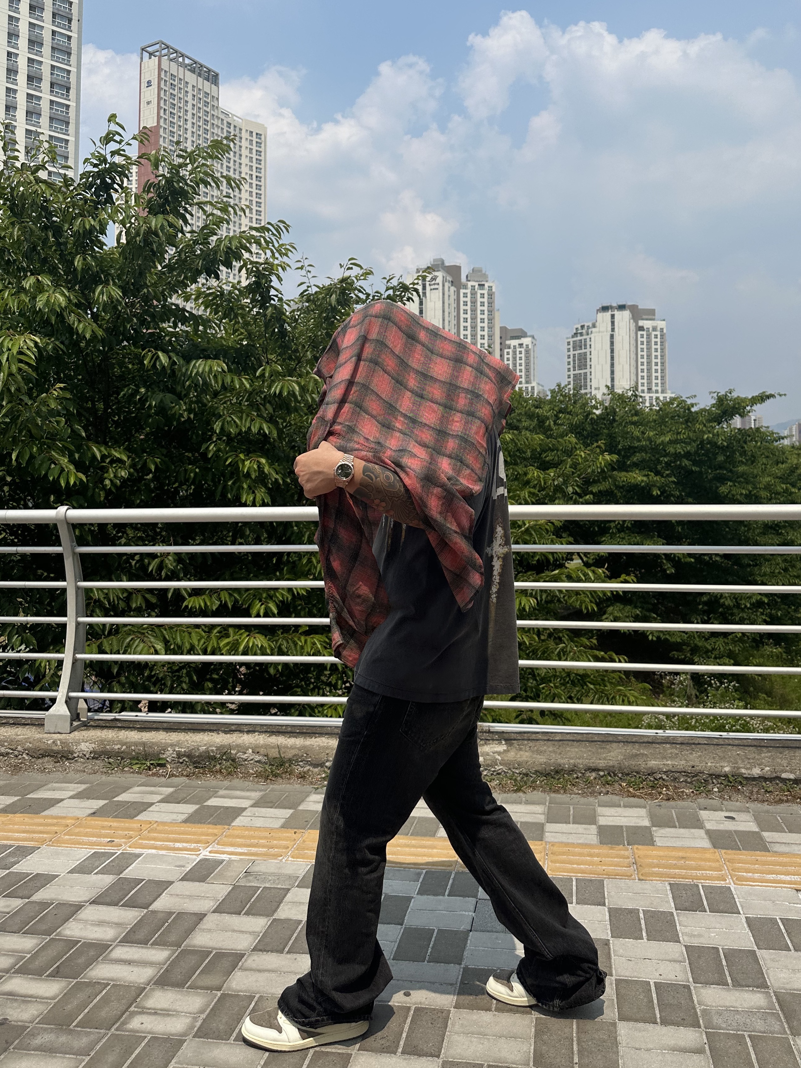 Saint Mxxxxxx x For Someone God FS S/S T-Shirt Black - 23AW, Our Legacy Borrowed Shirt Big Lumbercheck Print 착용 스타일 - 2