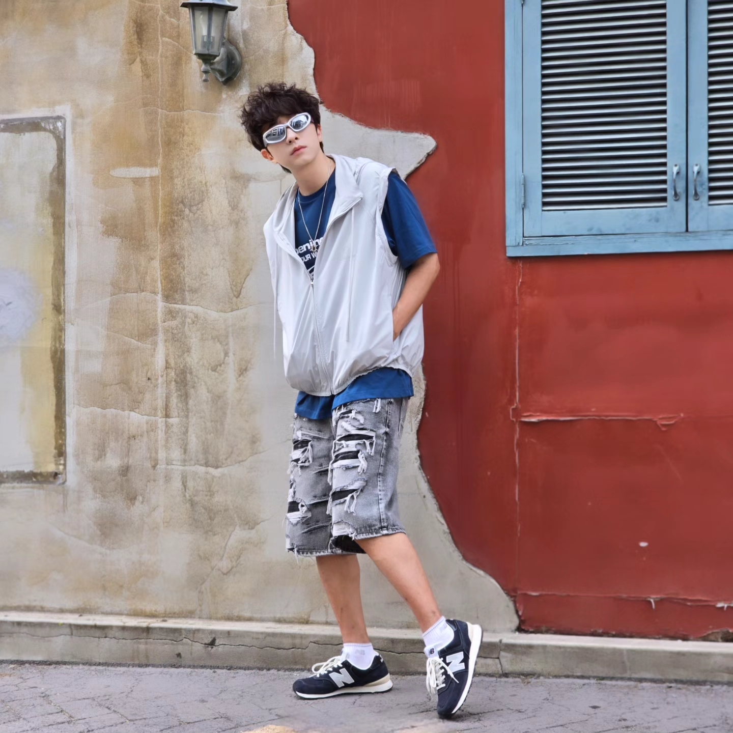 Opening Project Identity T-Shirt Blue, New Balance x Pottery 574 Premium Hard Navy 착용 스타일 - 6
