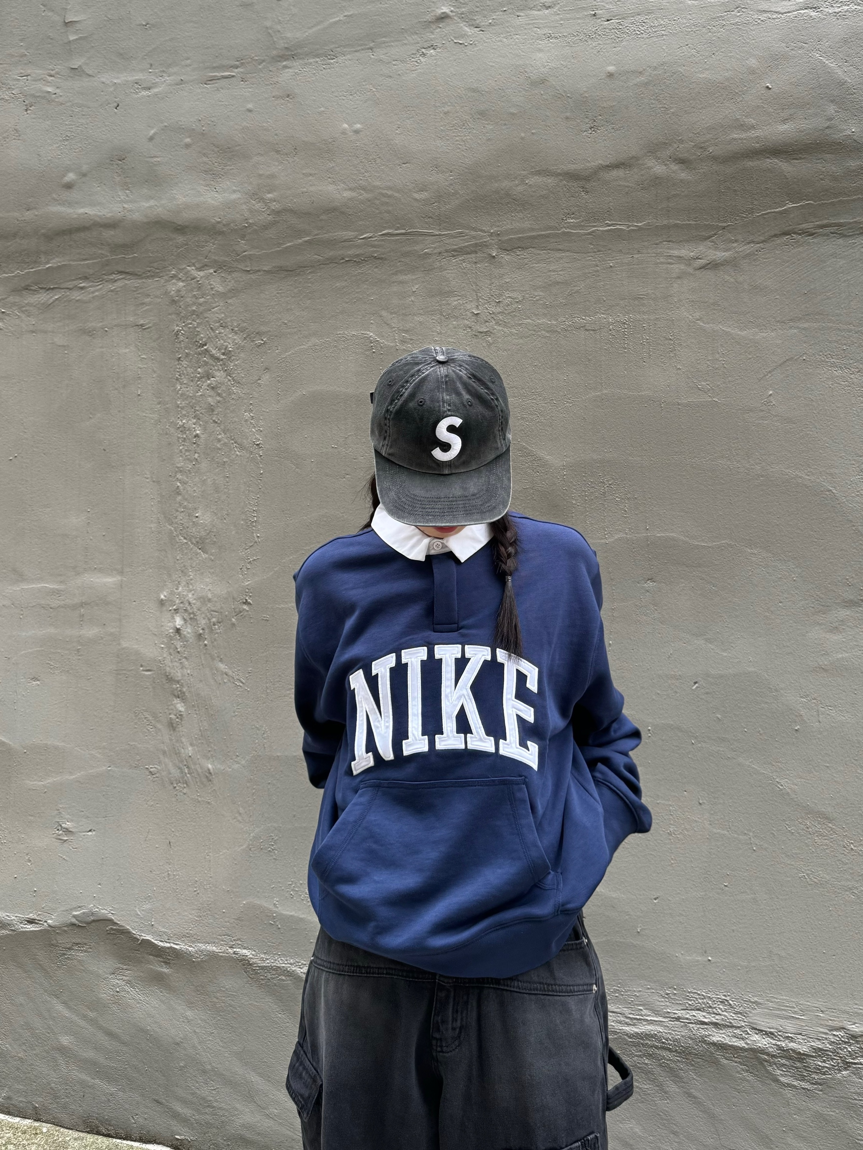 Nike Club Fleece Long Sleeve Fleece Polo Midnight Navy - Asia, Supreme Pigment Print S Logo 6-Panel Black - 23FW 착용 스타일 - 3