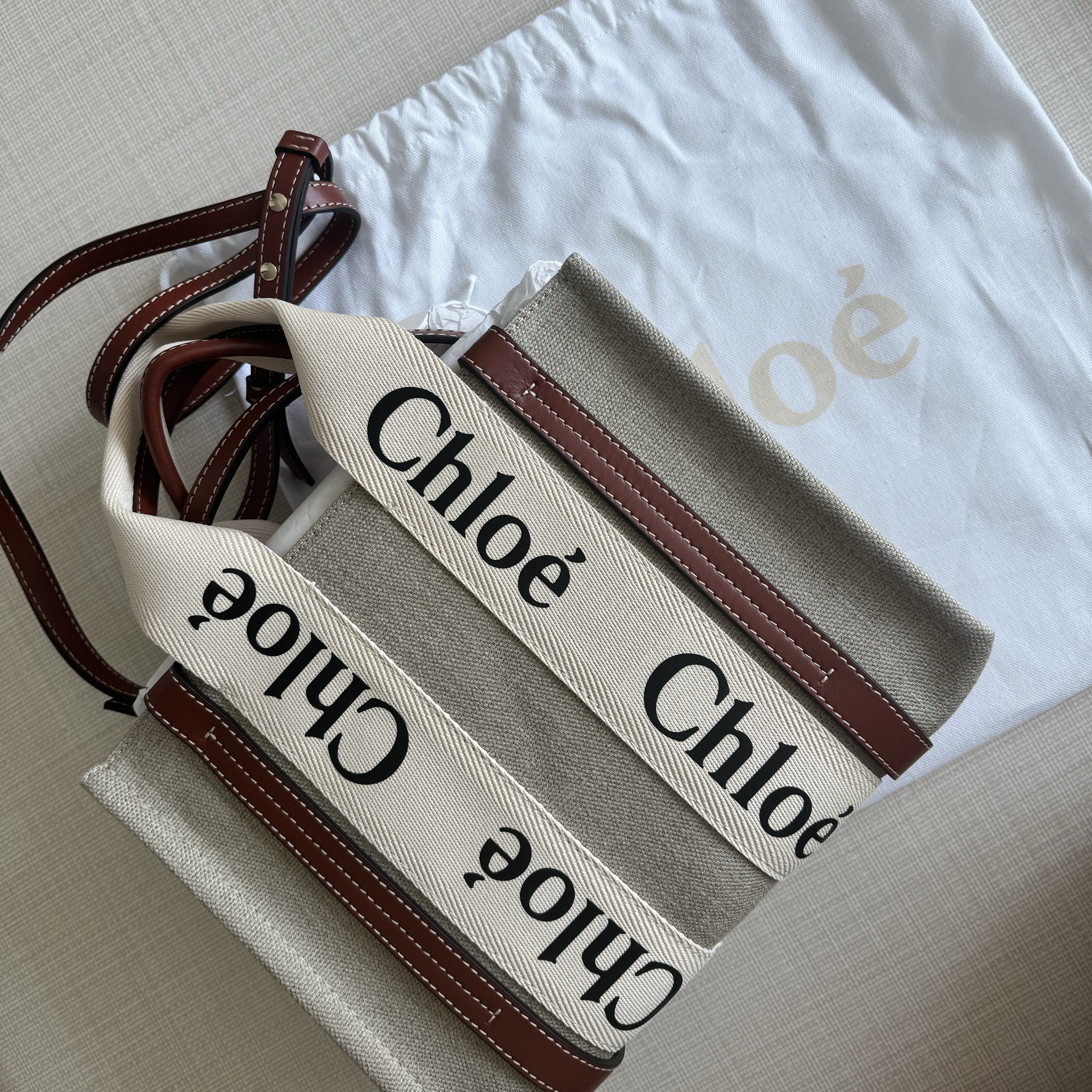 Chloe Woody Small Tote Bag White Brown 착용 스타일