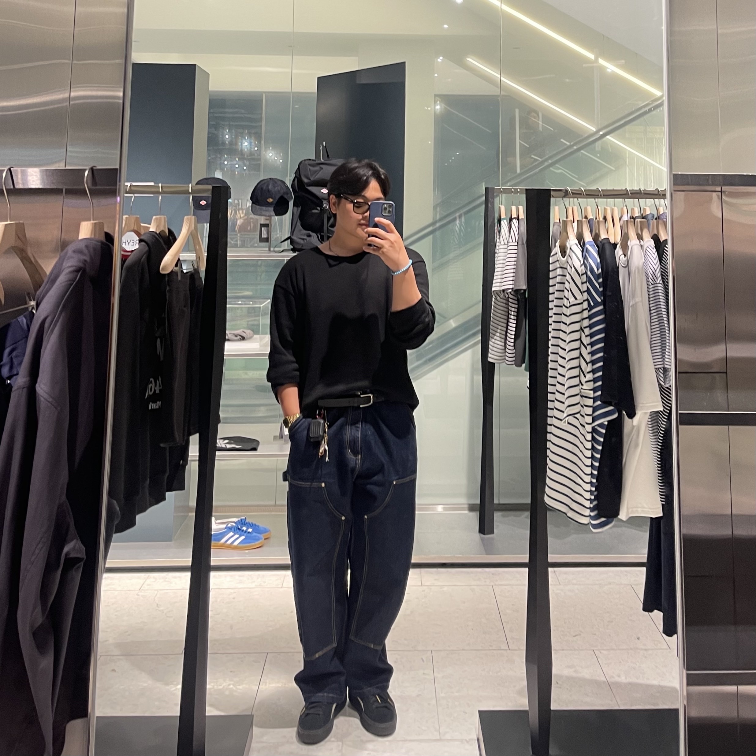 Carhartt WIP Nash Loose Fit Double Knee Pants Blue Rinsed, Puma Karmen Black Warm White 착용 스타일 - 1