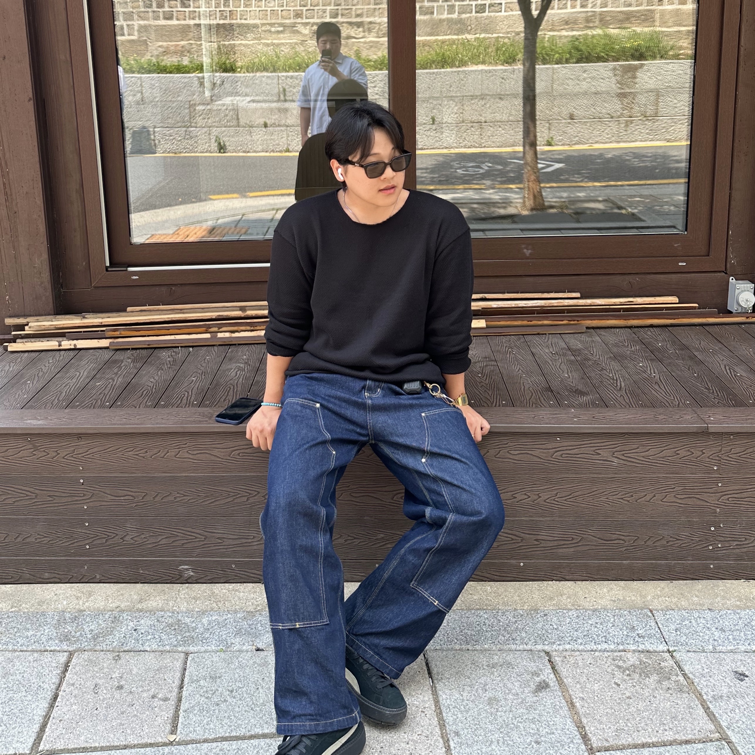 Carhartt WIP Nash Loose Fit Double Knee Pants Blue Rinsed, Puma Karmen Black Warm White 착용 스타일 - 2
