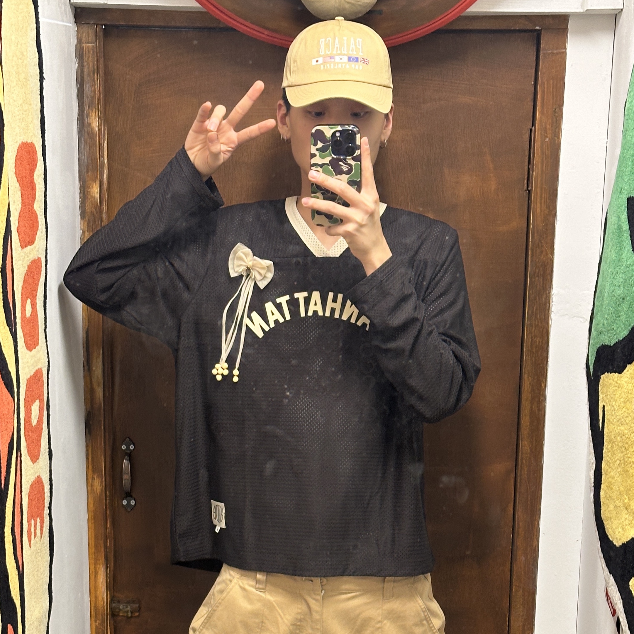 Nike x Bode Mesh Jersey Shadow Brown Ecru - US/EU, Palace x Gap Flag 6-Panel Khaki - 24SS 착용 스타일 - 2