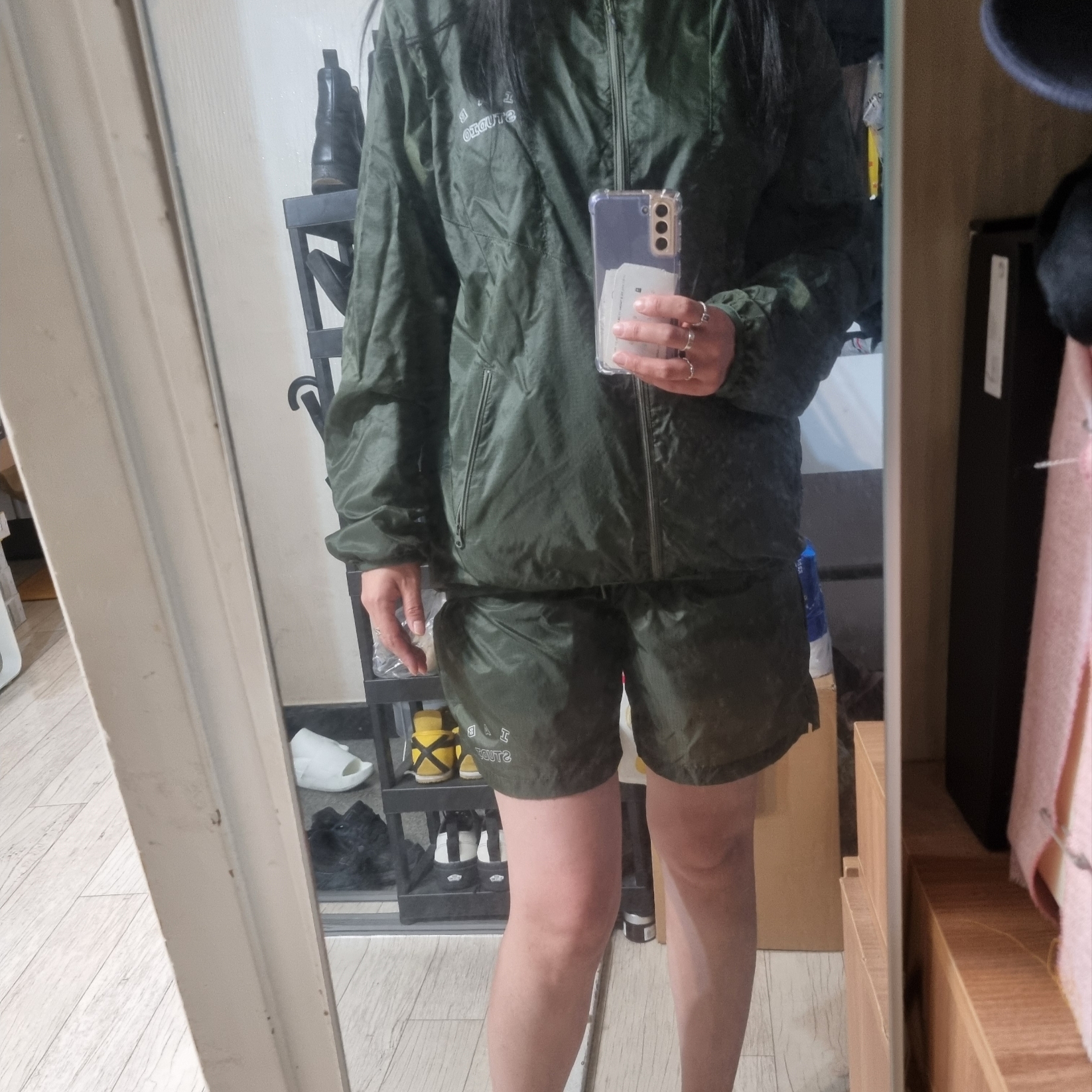 IAB Studio Ripstop Shorts Deep Green, IAB Studio Ripstop Wind Jacket Deep Green 착용 스타일