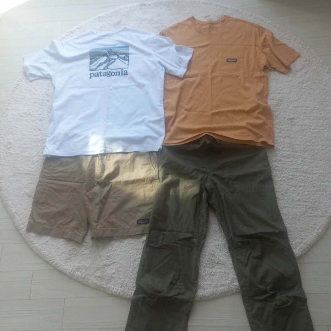 Patagonia Line Logo Ridge Pocket Responsibili-Tee White, Patagonia Hydropeak Hybrid Walk Shorts 18 Inch Weathered Stone 착용 스타일 - 1