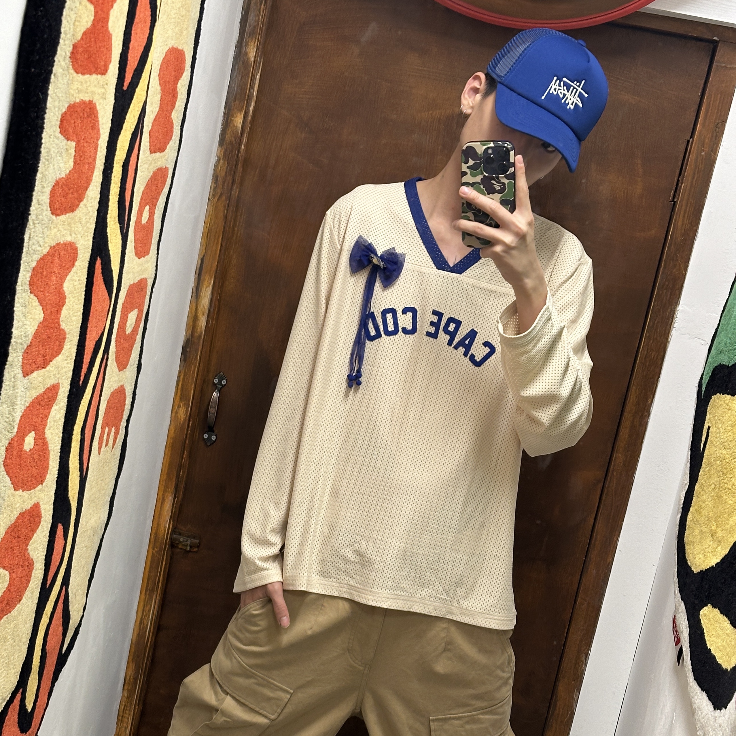 Nike x Bode Mesh Jersey Shadow Brown Ecru - US/EU, Palace x Gap Flag 6-Panel Khaki - 24SS 착용 스타일 - 4