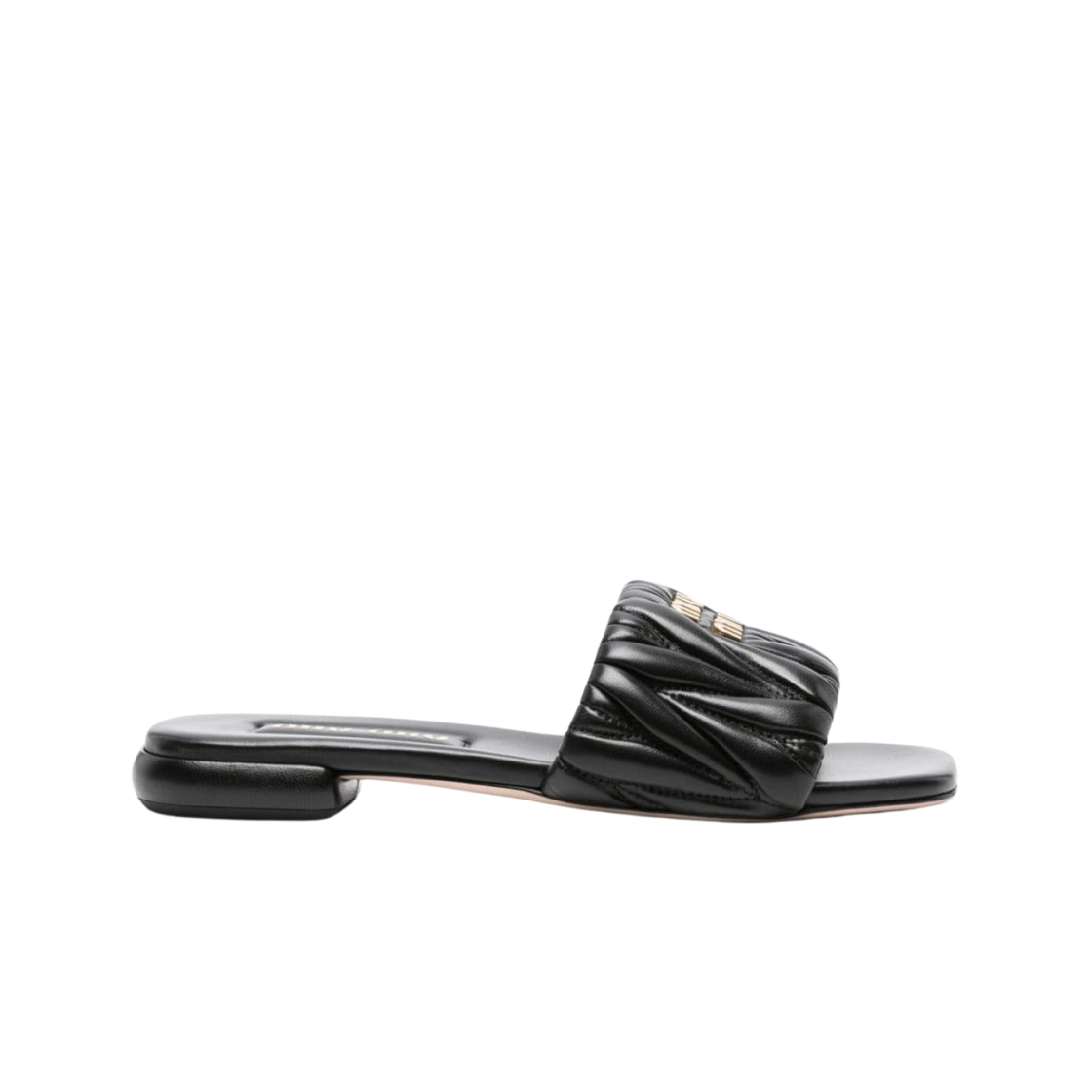 (W) 미우 미우 마테라쎄 나파 레더 슬라이드 블랙((W) Miu Miu Matelasse Nappa Leather Slides Black)