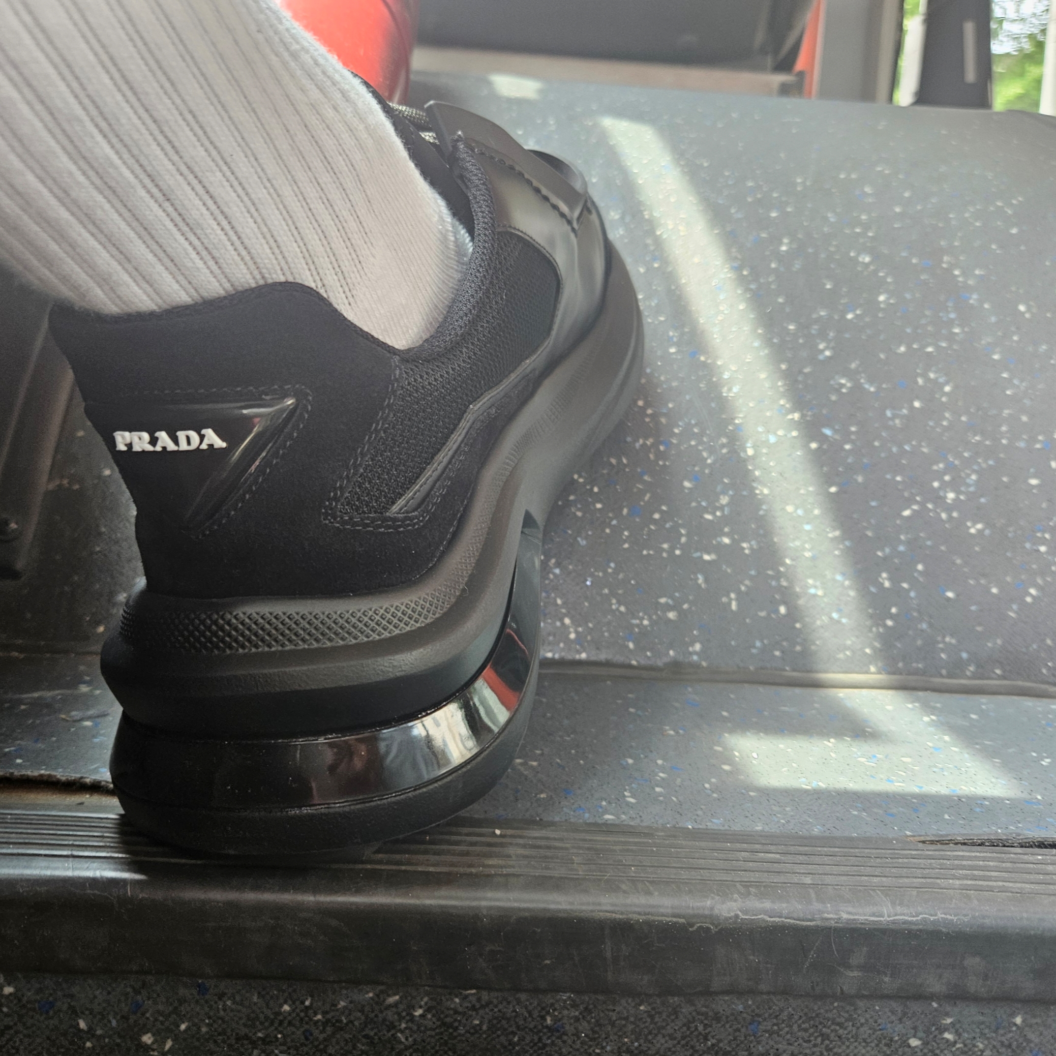 Prada Brushed Leather Sneakers with Bike Fabric and Suede Elements Black 착용 스타일 - 1