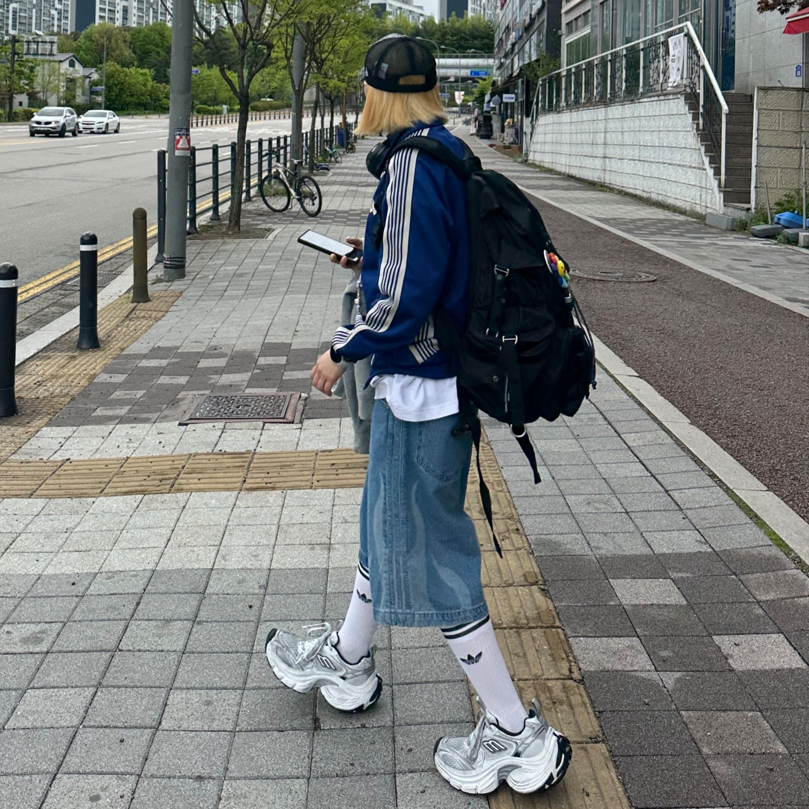 Needles Track Jacket Poly Smooth Royal, Adidas Flames Denim Shorts Blue - KR Sizing 착용 스타일