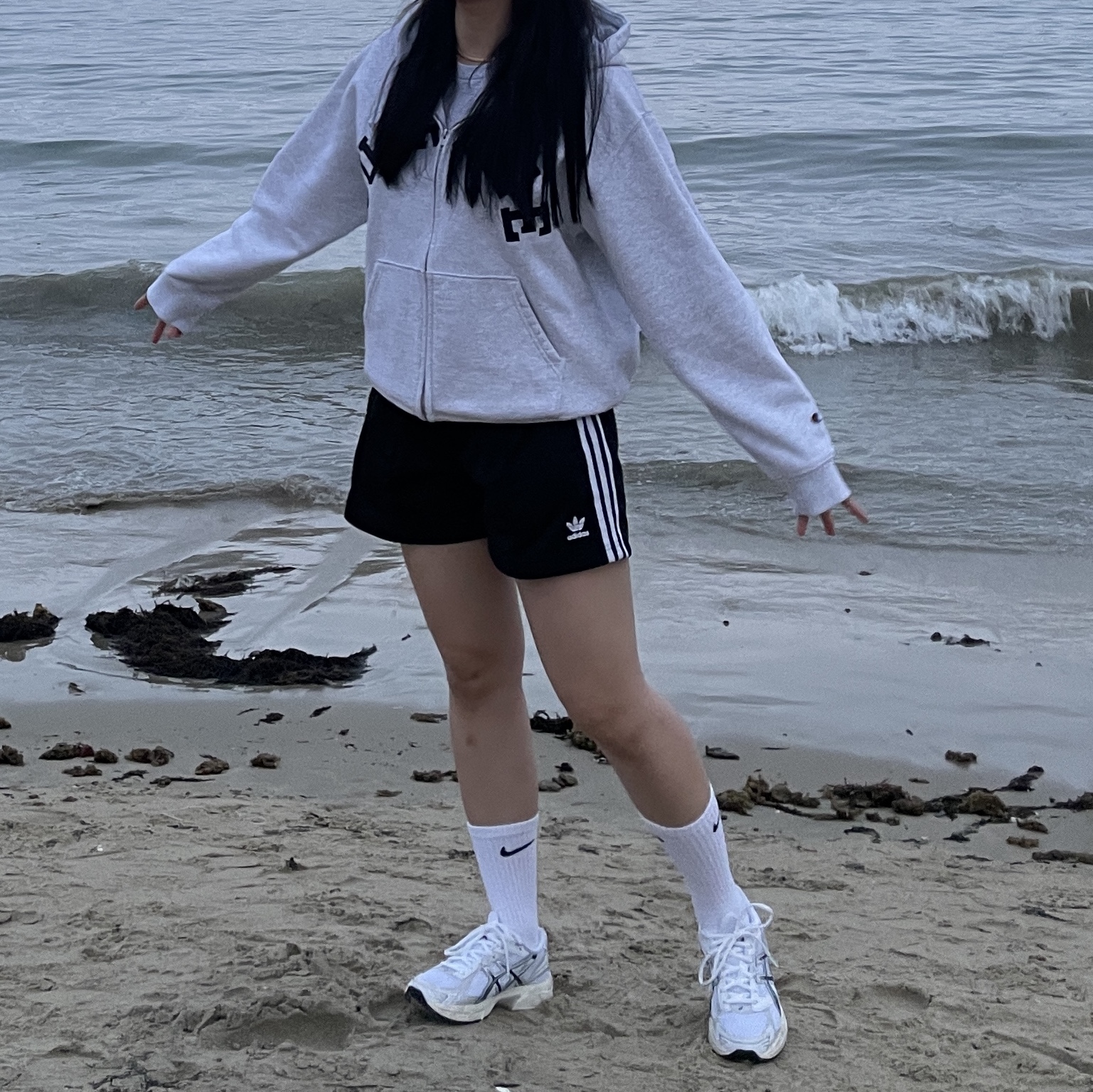 (W) Adidas Firebird Shorts Black - KR Sizing, Supreme x Champion Zip Up Hooded Sweatshirt Ash Grey - 24SS 착용 스타일