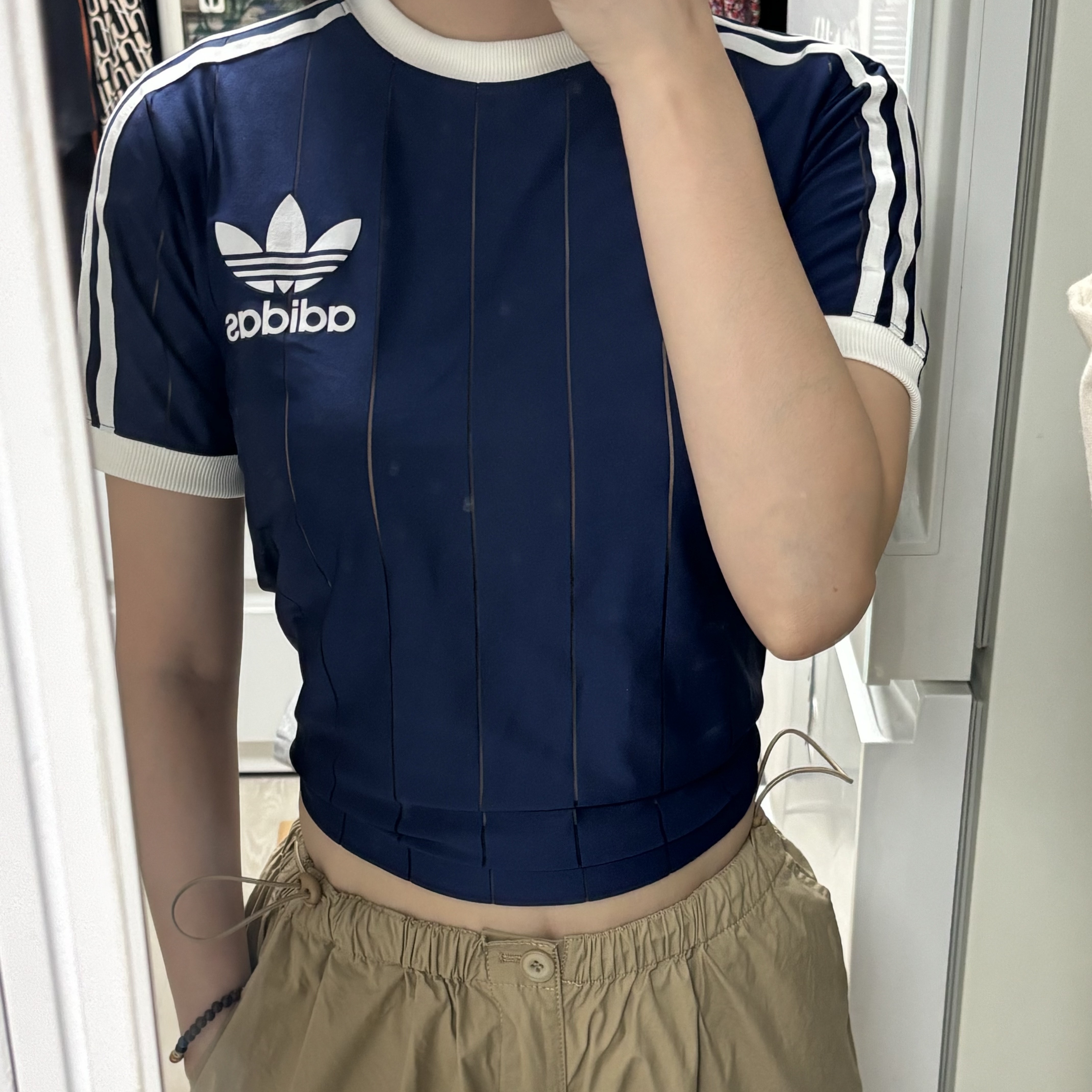 (W) Adidas 3S T-shirt Dark Blue - KR Sizing 착용 스타일