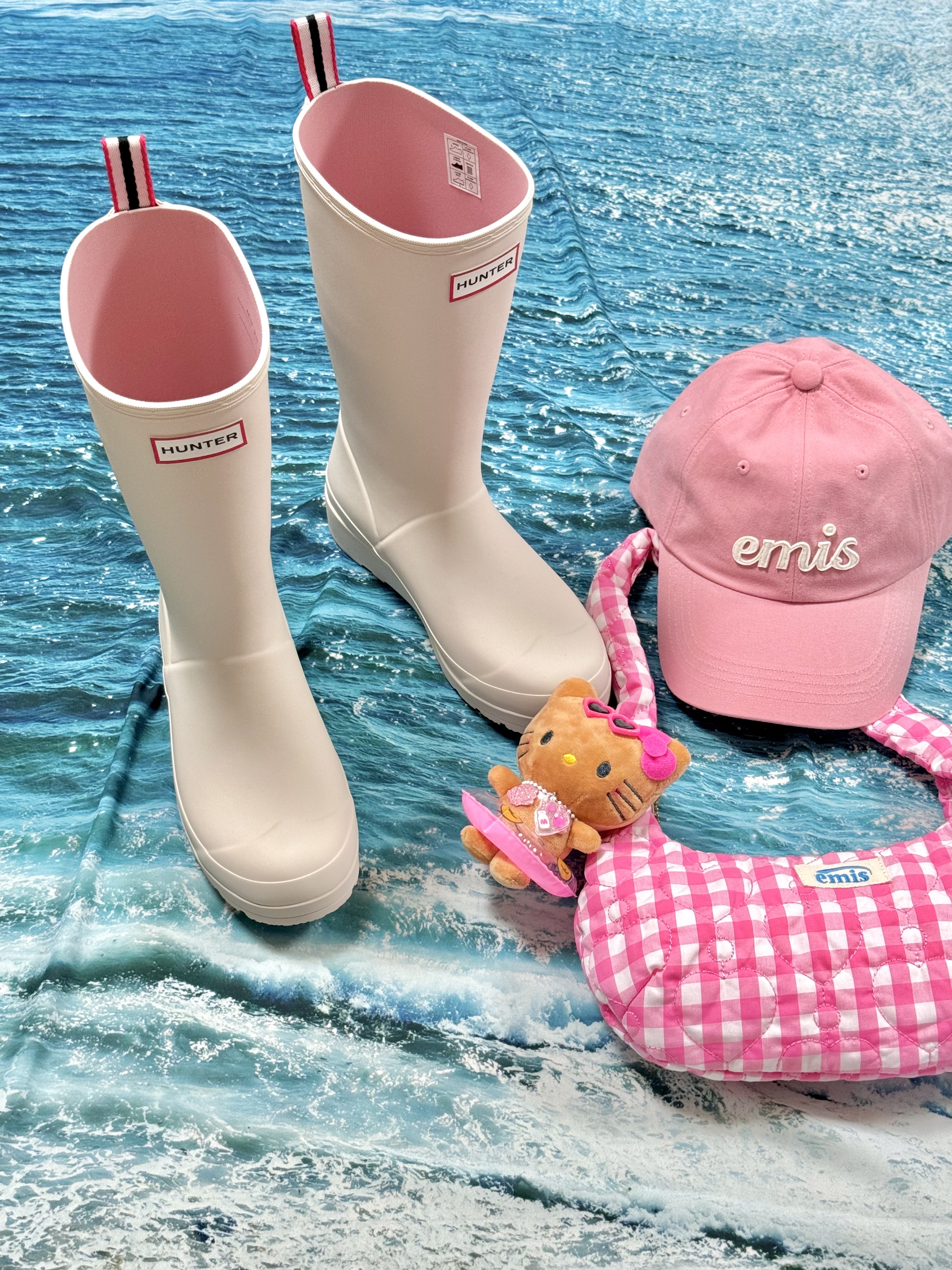 (W) Hunter Play Tall Wellington Rain Boots Cast, Emis Ball Cap Pouch Keyring Pink 착용 스타일 - 2