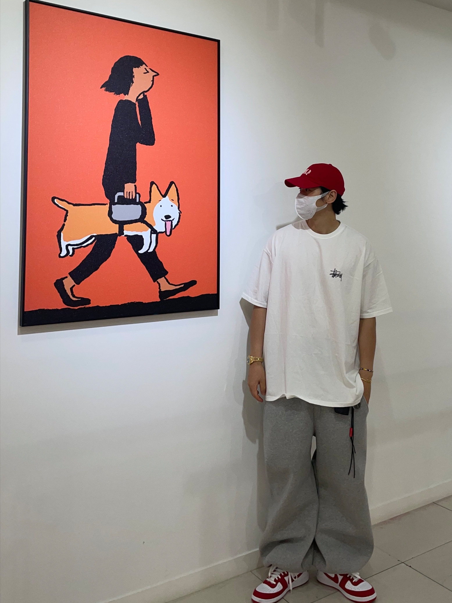 Stussy Basic Stussy T-Shirt White 2024, 2025, Nike Terminator High University Red and White 착용 스타일 - 1