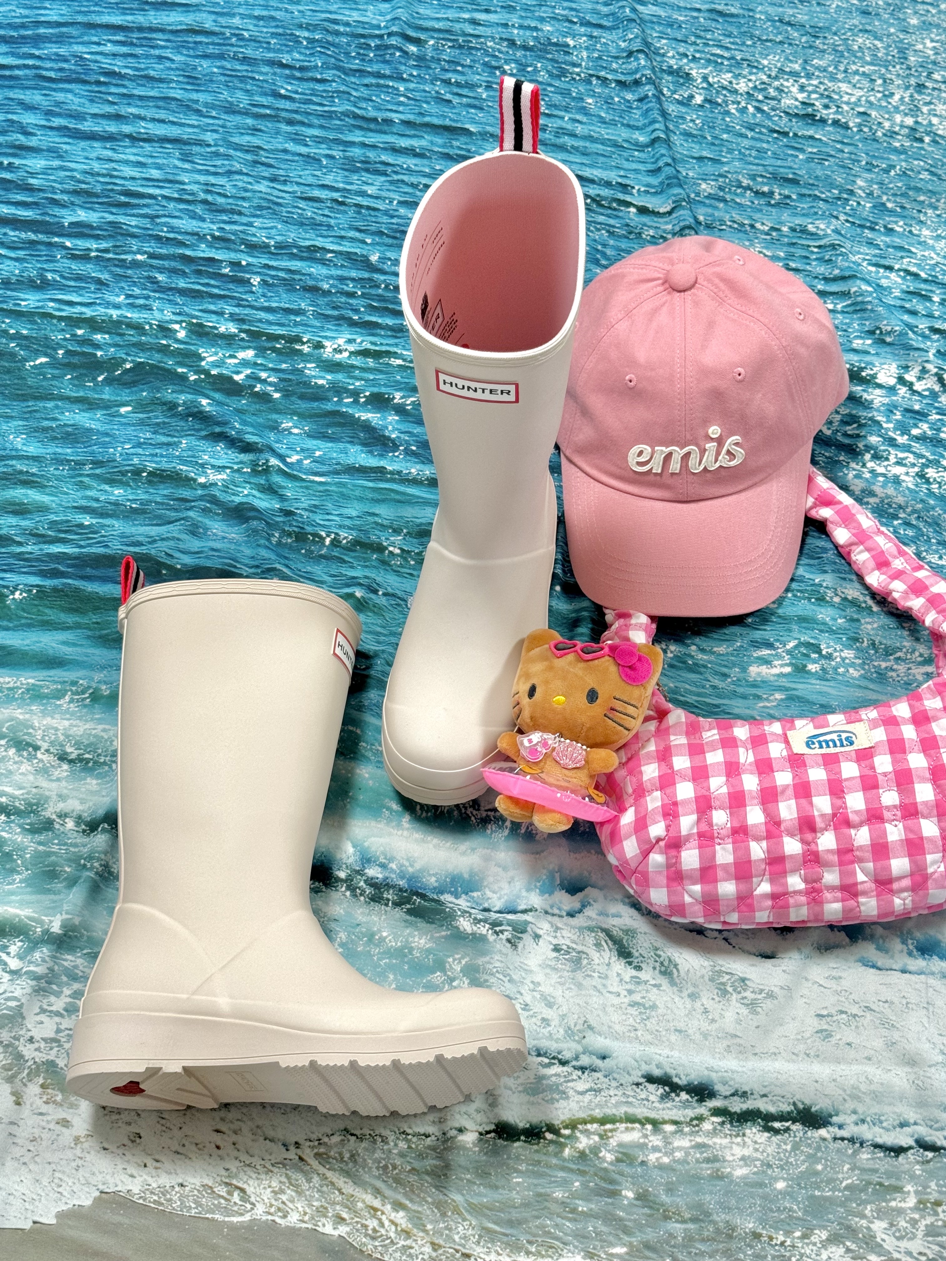 (W) Hunter Play Tall Wellington Rain Boots Cast, Emis Ball Cap Pouch Keyring Pink 착용 스타일 - 3