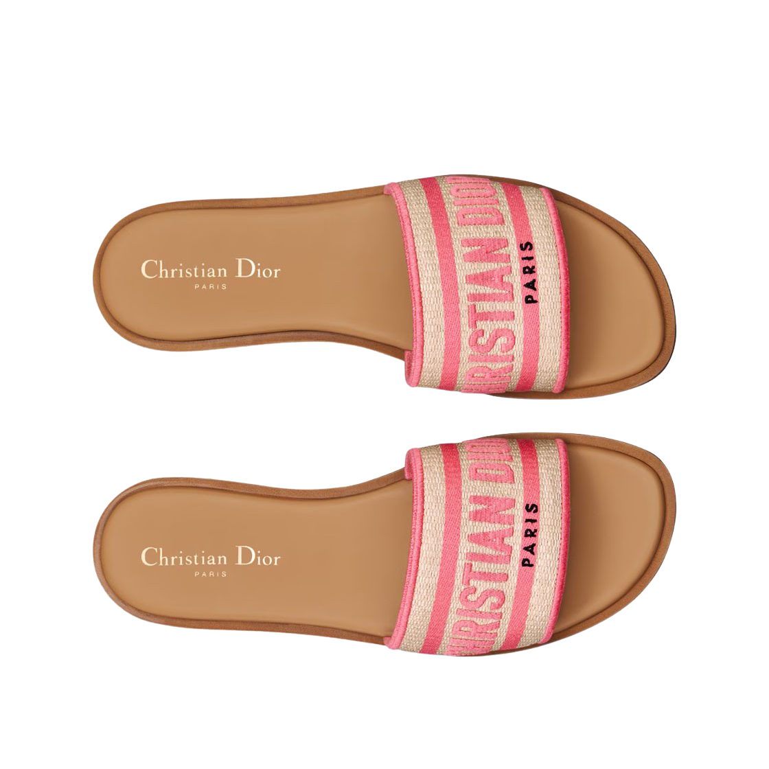 (W) 디올 리비에라 디웨이 슬라이드 자수 코튼 내츄럴 라피아 캔디 핑크((W) Dior Dioriviera Dway Slide Embroidered Cotton Natural Raffia Candy Pink) - 2