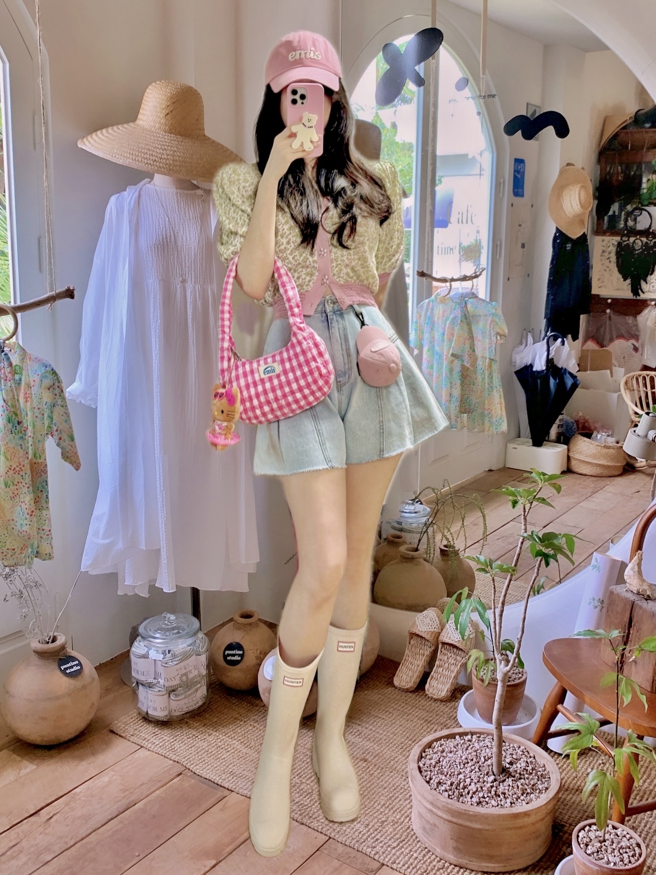 (W) Hunter Play Tall Wellington Rain Boots Cast, Emis Ball Cap Pouch Keyring Pink 착용 스타일 - 1