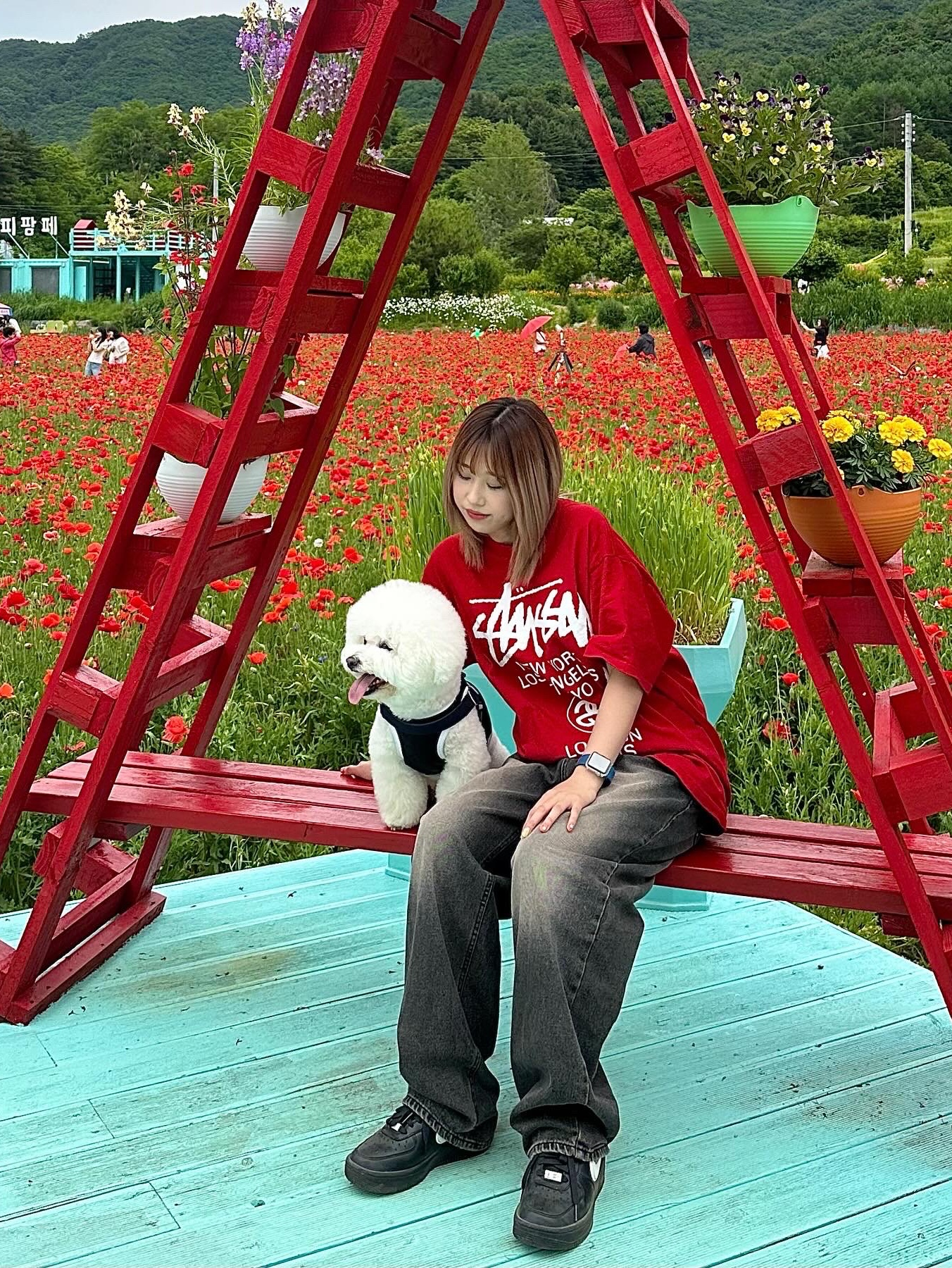 Stussy World Tour T-Shirt Dark Red, Nike x Ambush Air Force 1 Low SP Phantom 착용 스타일 - 1