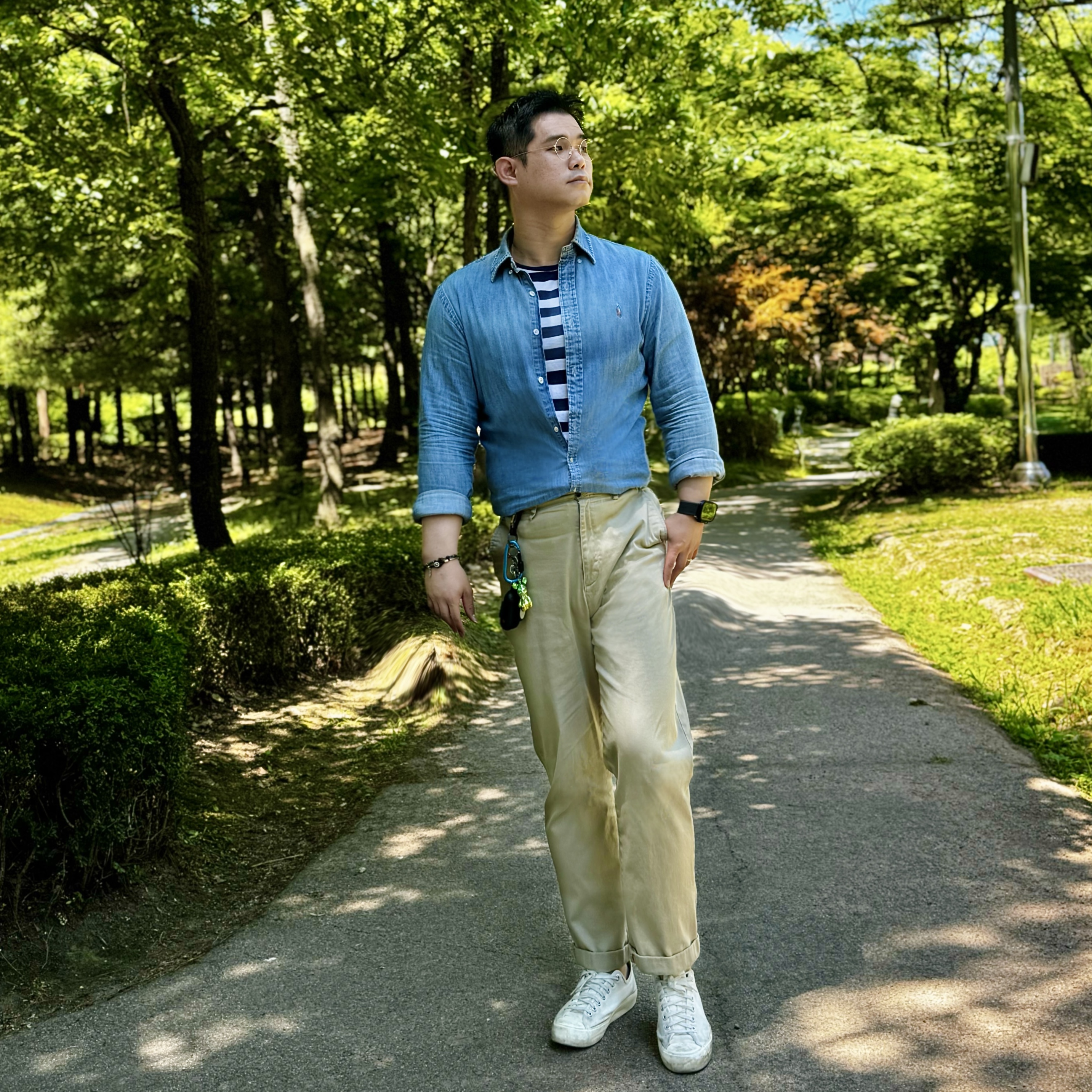 Polo Ralph Lauren Custom Fit Chambray Shirt Light Pastel Blue, Apple Watch Ultra 2 49mm Titanium Case with Trail Loop M/L Blue Black (Korean Ver.) 착용 스타일 - 3