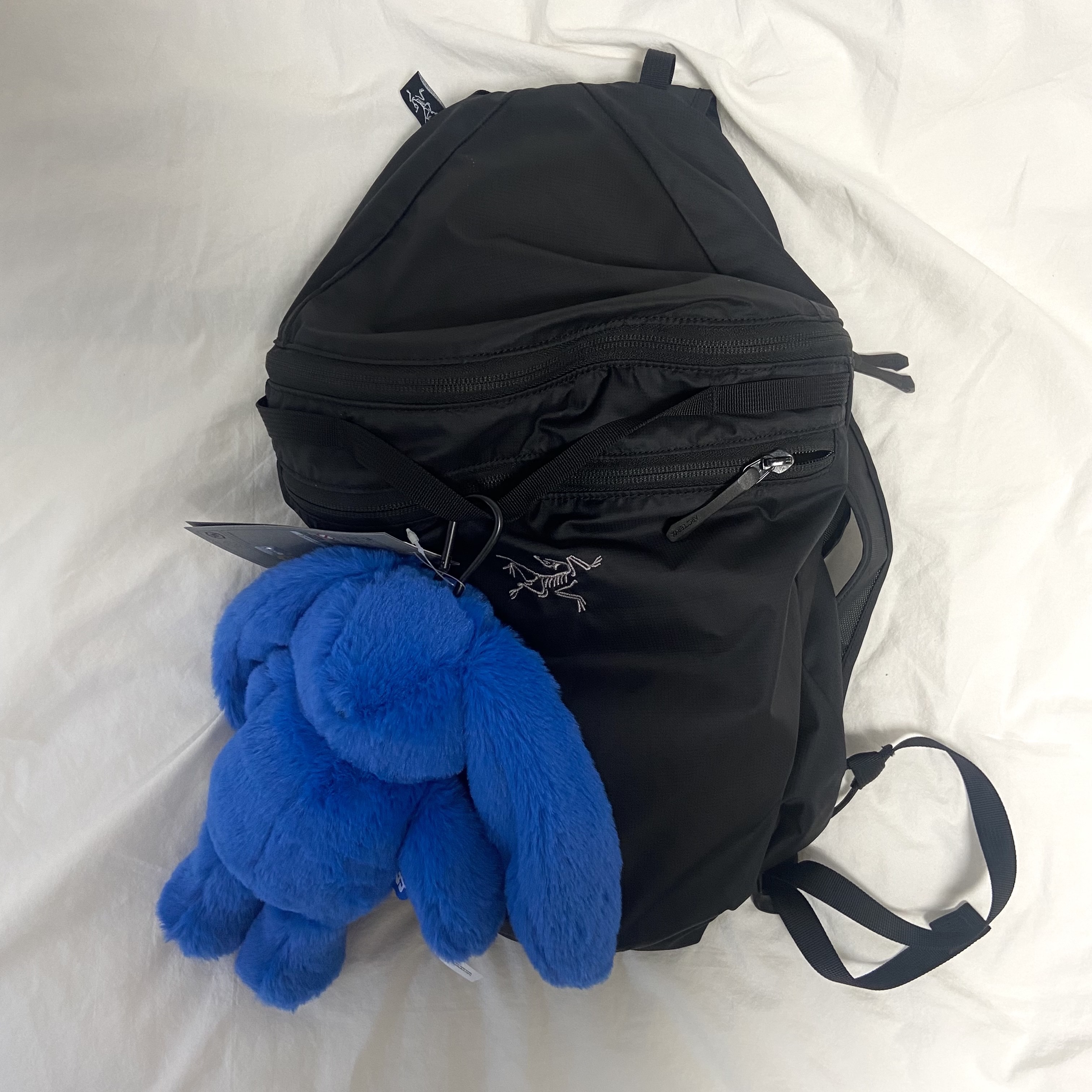 NewJeans x Coller Rabbit Pouch Tide Blue, Arc'teryx Heliad 15 Backpack Black 착용 스타일 - 1
