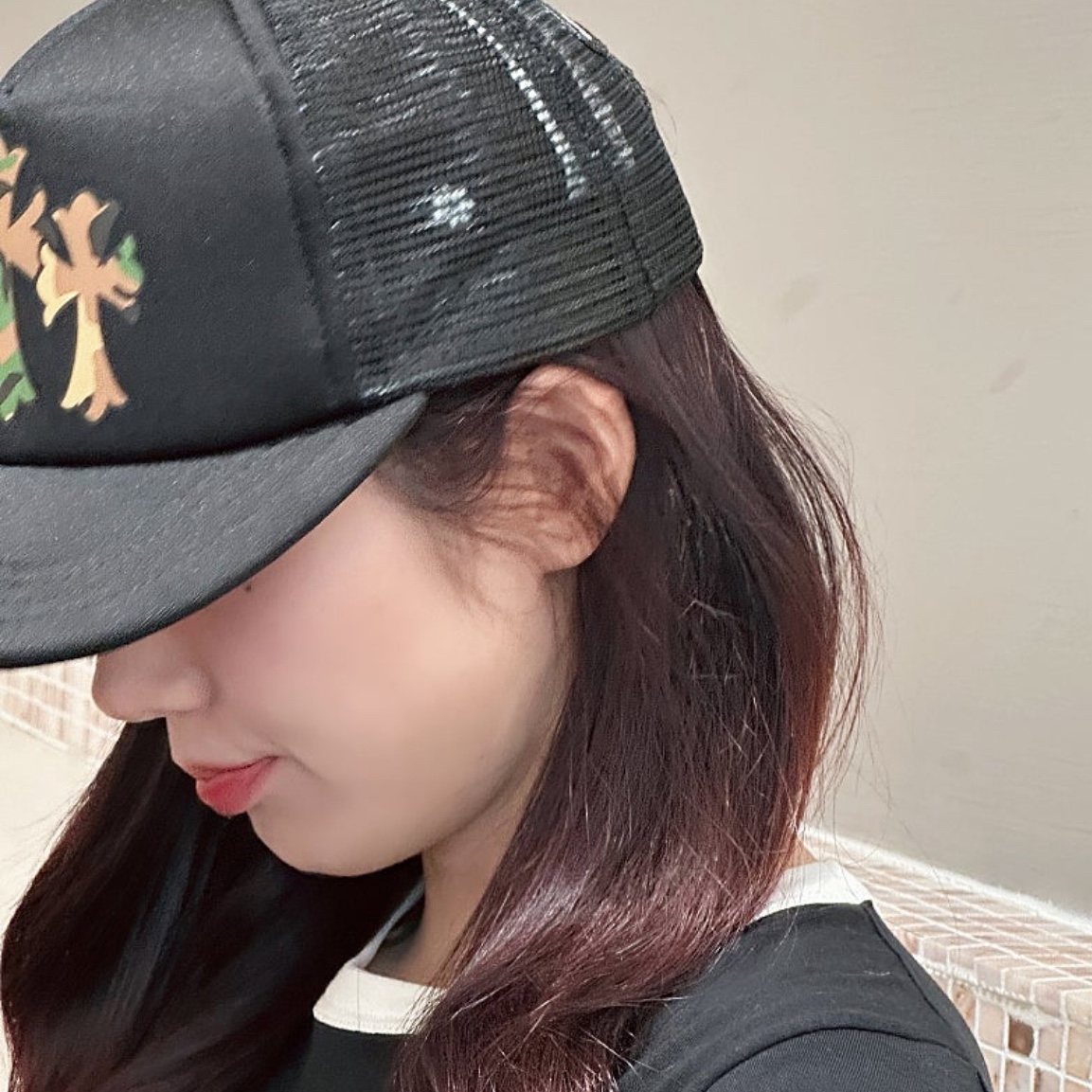 Chrome Hearts King Taco Foam Front Mesh Trucker Hat Black Camo 착용 스타일