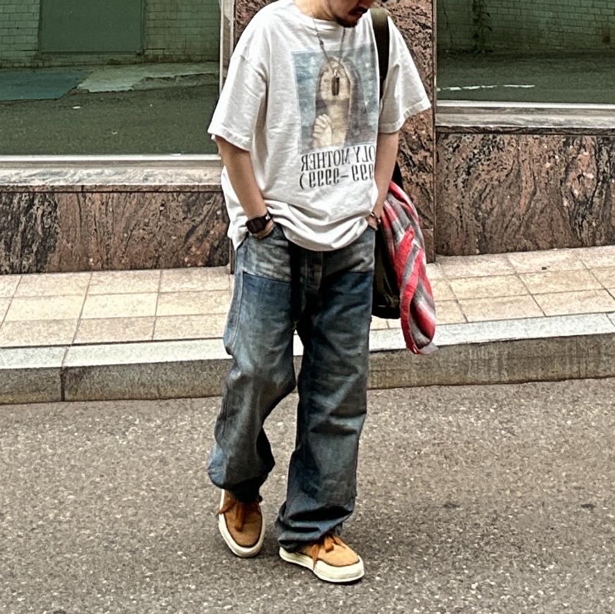 Saint Mxxxxxx Painter Pants Blue - 23AW, Saint Mxxxxxx SA Flannel Check Shirt Red - 23SS 착용 스타일 - 1