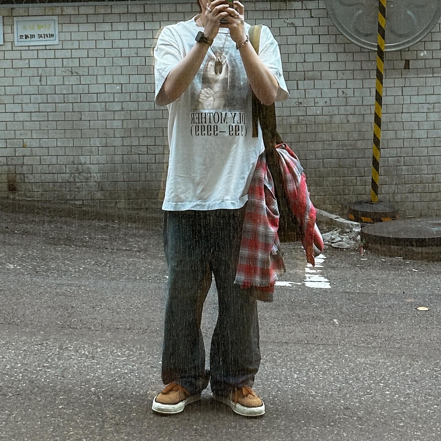 Saint Mxxxxxx Painter Pants Blue - 23AW, Saint Mxxxxxx SA Flannel Check Shirt Red - 23SS 착용 스타일 - 4
