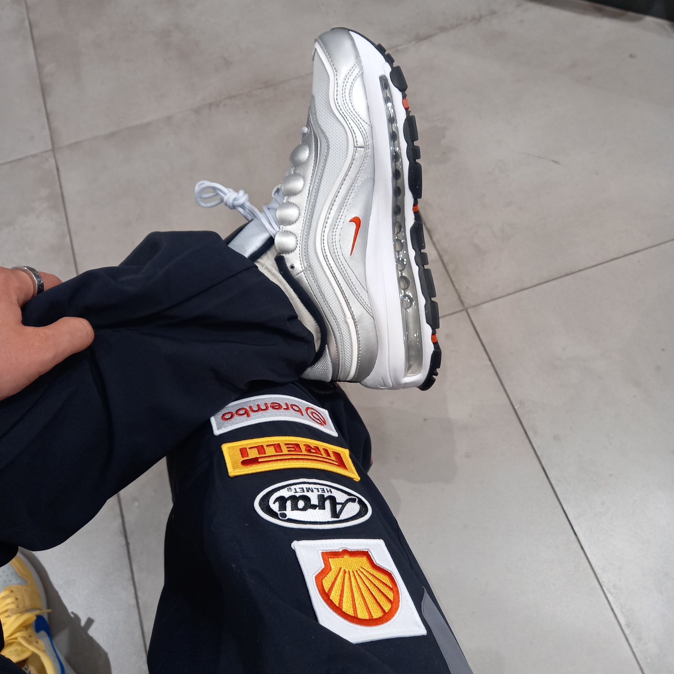 (W) Nike Air Max 97 Futura Metallic Silver Pure Platinum, Supreme x Ducati Track Pants Black - 24SS 착용 스타일 - 1