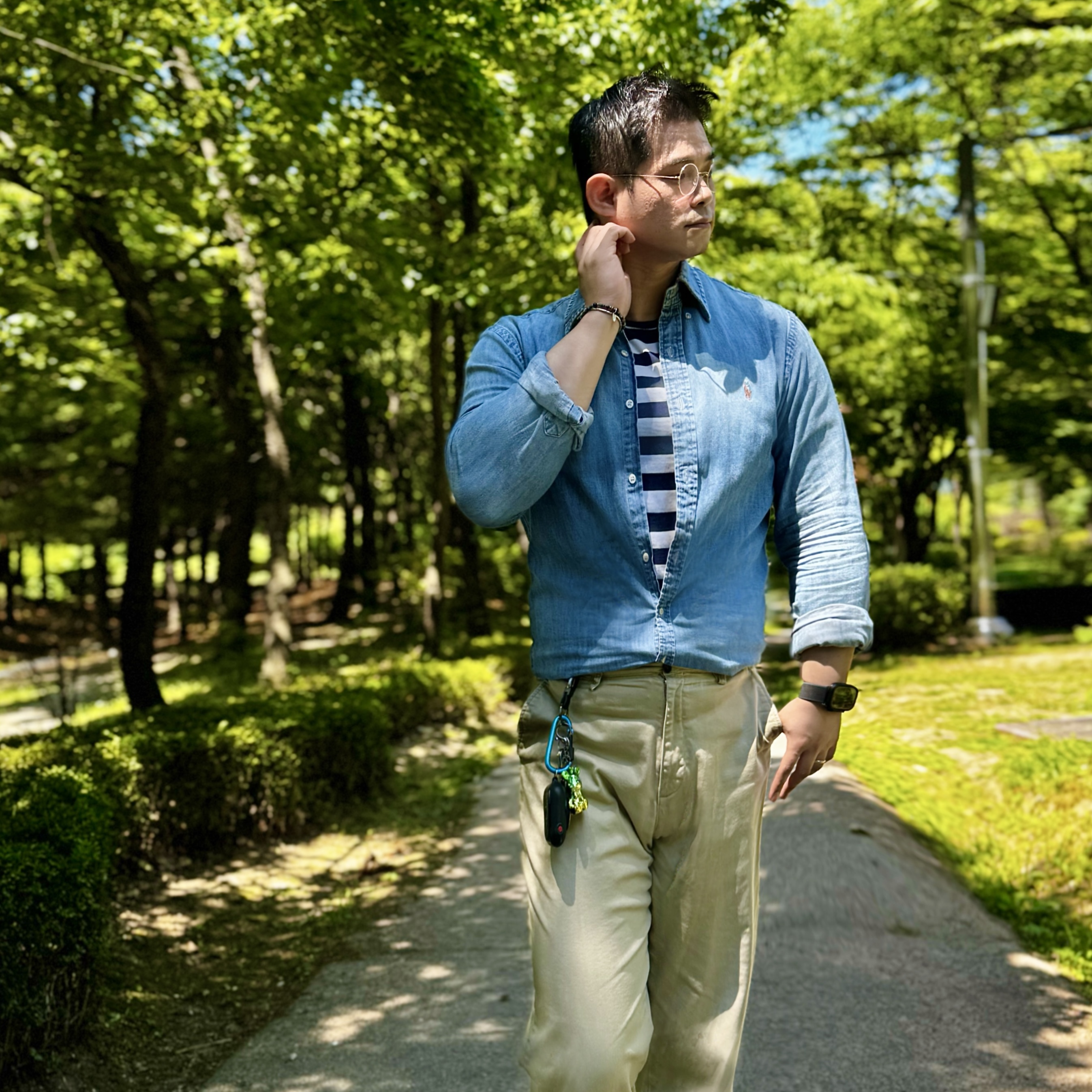 Polo Ralph Lauren Custom Fit Chambray Shirt Light Pastel Blue, Apple Watch Ultra 2 49mm Titanium Case with Trail Loop M/L Blue Black (Korean Ver.) 착용 스타일 - 4