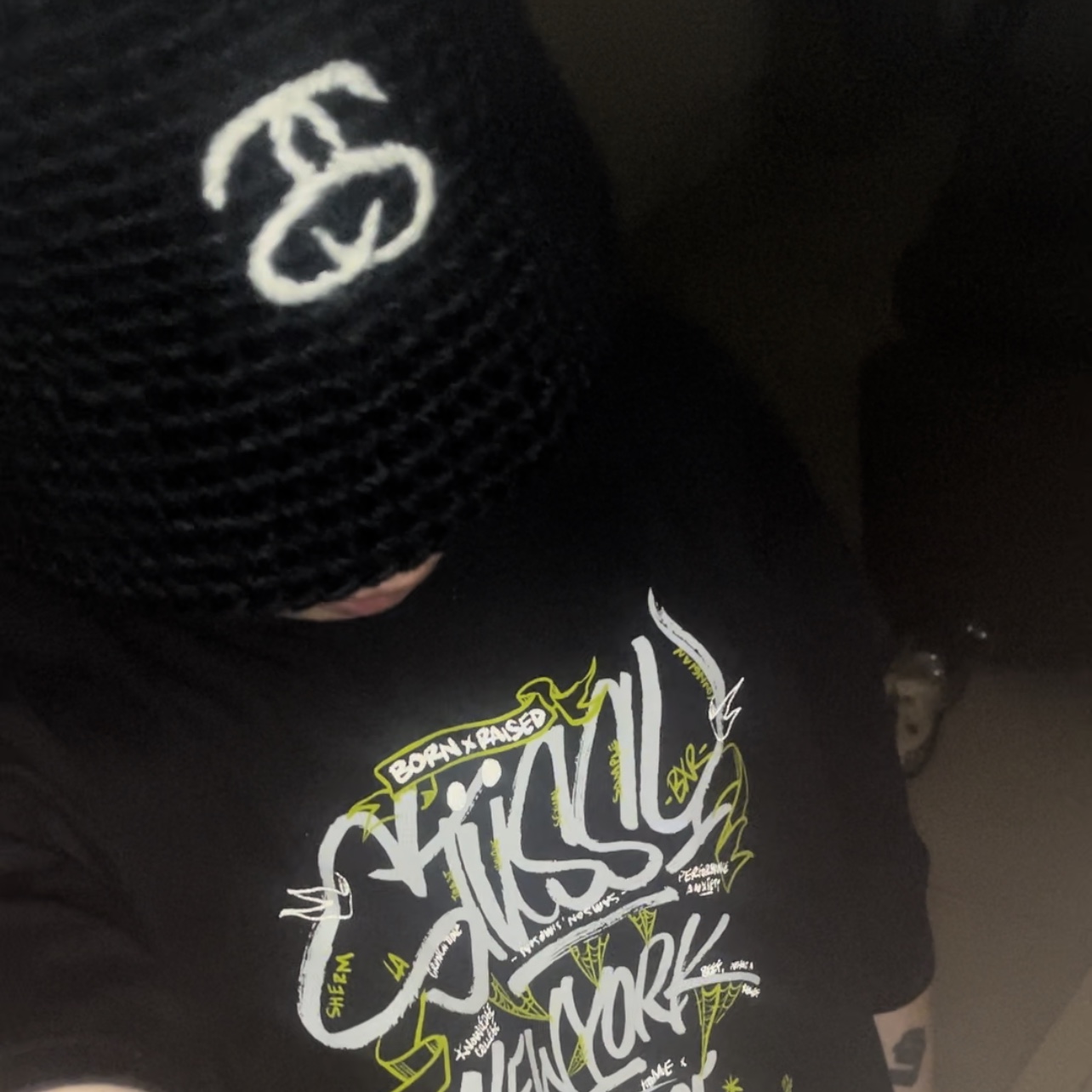 Stussy x Born X Raised Handstyles T-Shirt Black, Stussy SS Link Knit Bucket Hat Black 착용 스타일