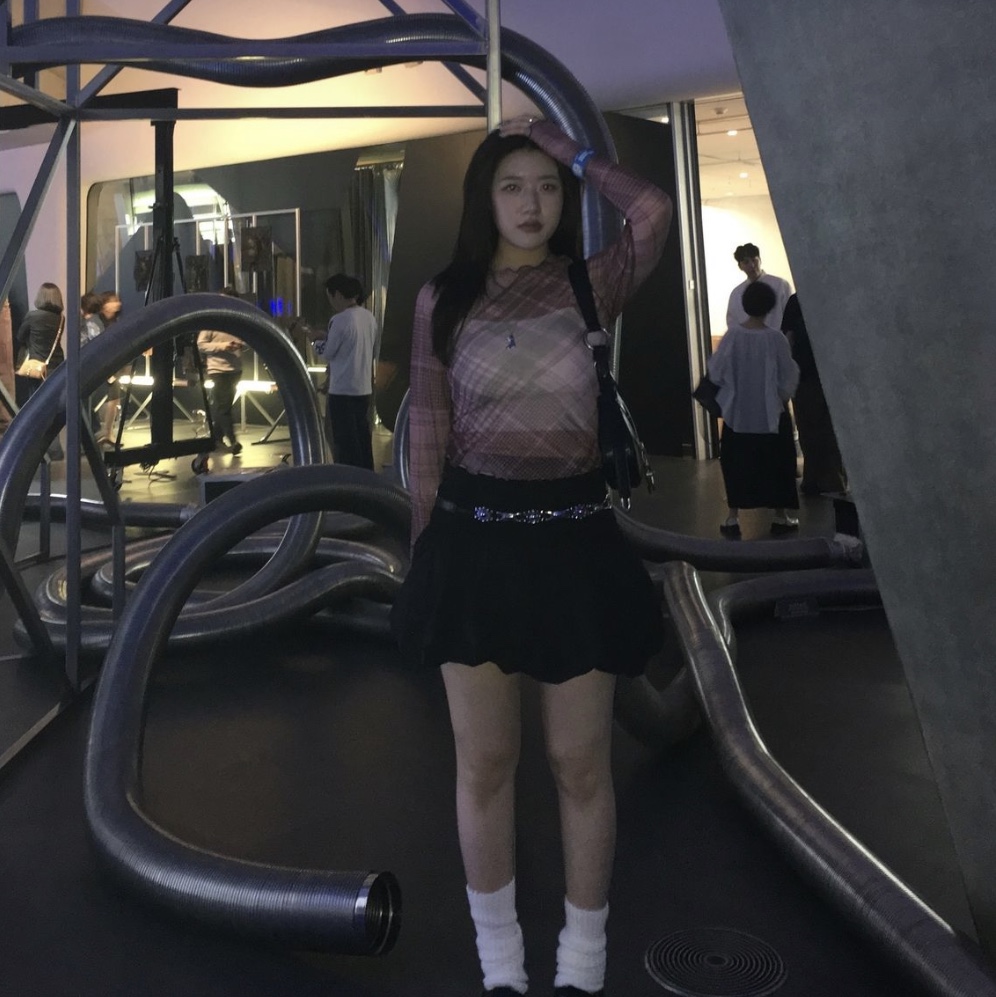 Gyeong Check Mesh Top Pink Check, Gyeong Check Mesh Top Blue Check 착용 스타일