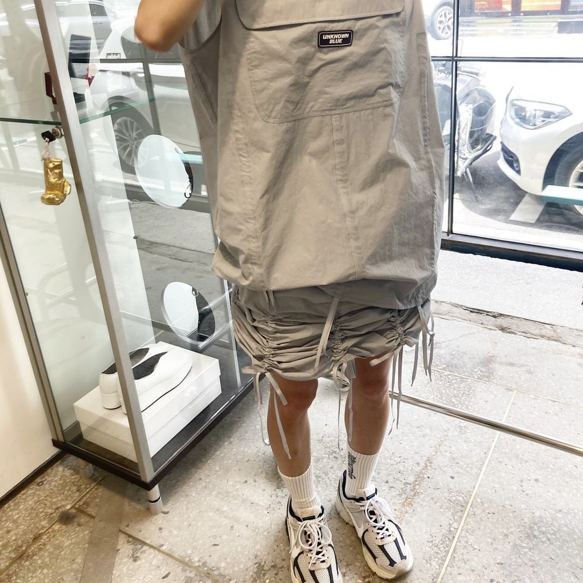 Unknown Blue Shirring Skirt Black, Unknown Blue Shirring Skirt Gray 착용 스타일