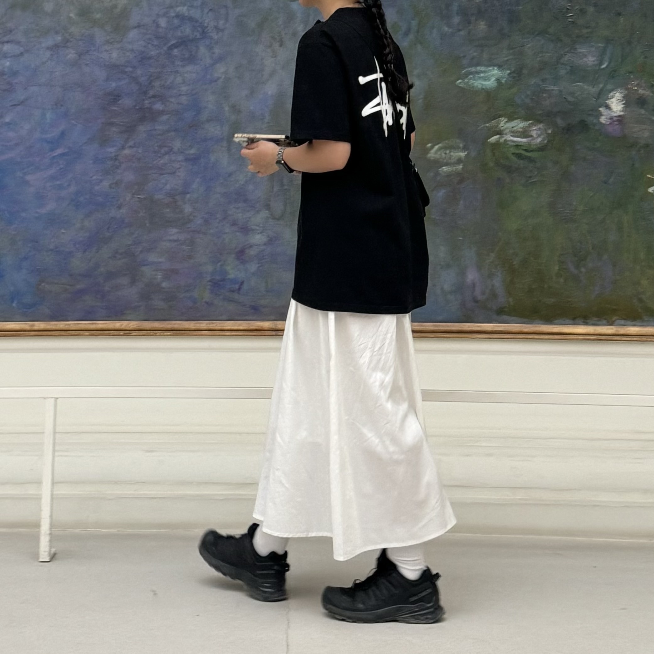 Stussy Basic Stussy T-Shirt Black 2024, 2025, Salomon XA Pro 3D V9 Gore-Tex Wide Black Phantom 착용 스타일 - 2